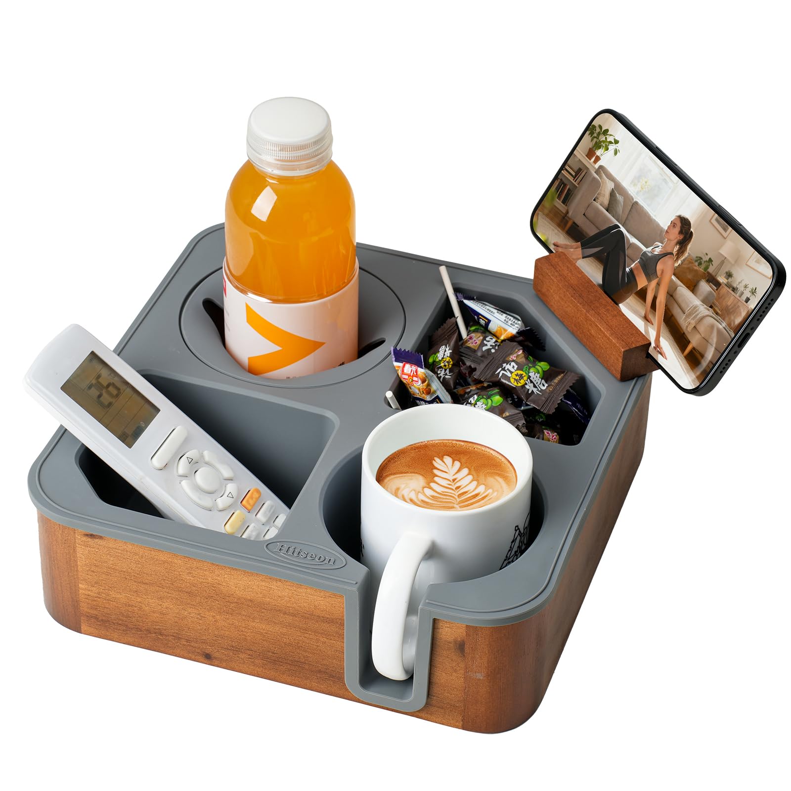 Couch-Becherhalter, Tablett aus Akazienholz, Couch-Caddy mit Getränkehalter, Schlitz, rutschfester Couch-Organizer für Getränke, Snacks, Fernbedienungen, abgerundete Ecken und Becher (grau)