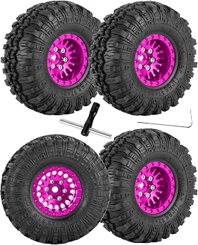 RC 1.0 Beadlock Wheels and Tires for 1/18 TRX4M,1/24 SCX24 RC Crawler,Alloy Aluminium RC Wheels 1.0 Beadlock Rims Soft Rubber Tires,4PCS,Pink