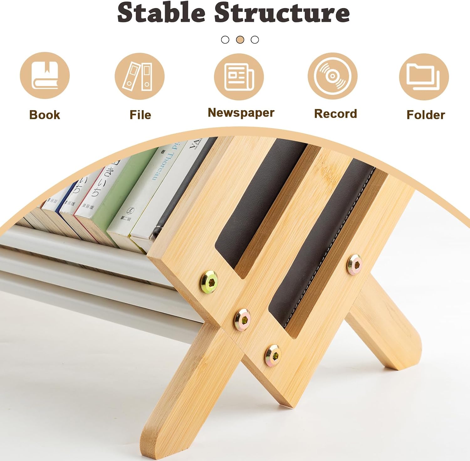 Desktop Bookshelf, Wood Tilting Bookcase with Iron Rack, Book Organizer for CDs/Magazine/Books Display, Storage Rack in Living Room/Studyroom/Home/Office, Yellow&White, 19.68" image 4