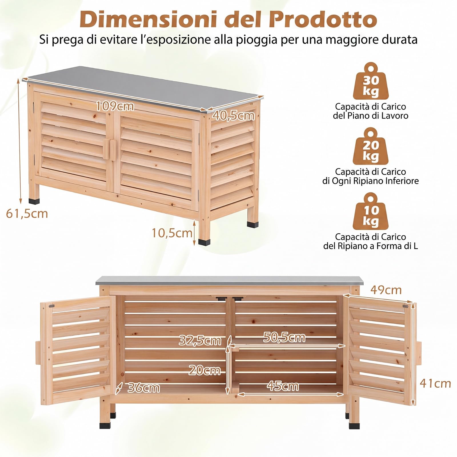COSTWAY Cassapanca da Giardino in Legno di Abete, 109 x 40,5 x 61,5 cm | Armadio da Esterno con Piano in Acciaio Inox, 2 Ante a Persiana e Ripiano a L Rimovibili, per Terrazza, Cortile e Balcone