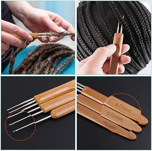 Miniatura 5 de 4 piezas de gancho de aguja de ganchillo para herramienta para el cabello, 0.75 0.020in, ganchillo, aguja para rastas de cabello, mango de bambú,