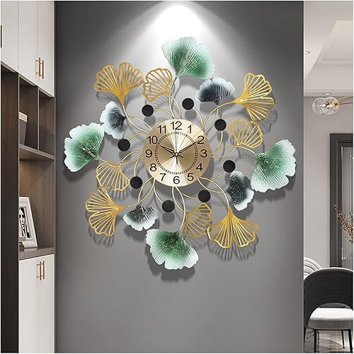 VEZCOS Reloj de pared de metal grande de 26 pulgadas, moderno verde + dorado 3D decoración de pared, reloj de cuarzo sin tictac para sala de estar,