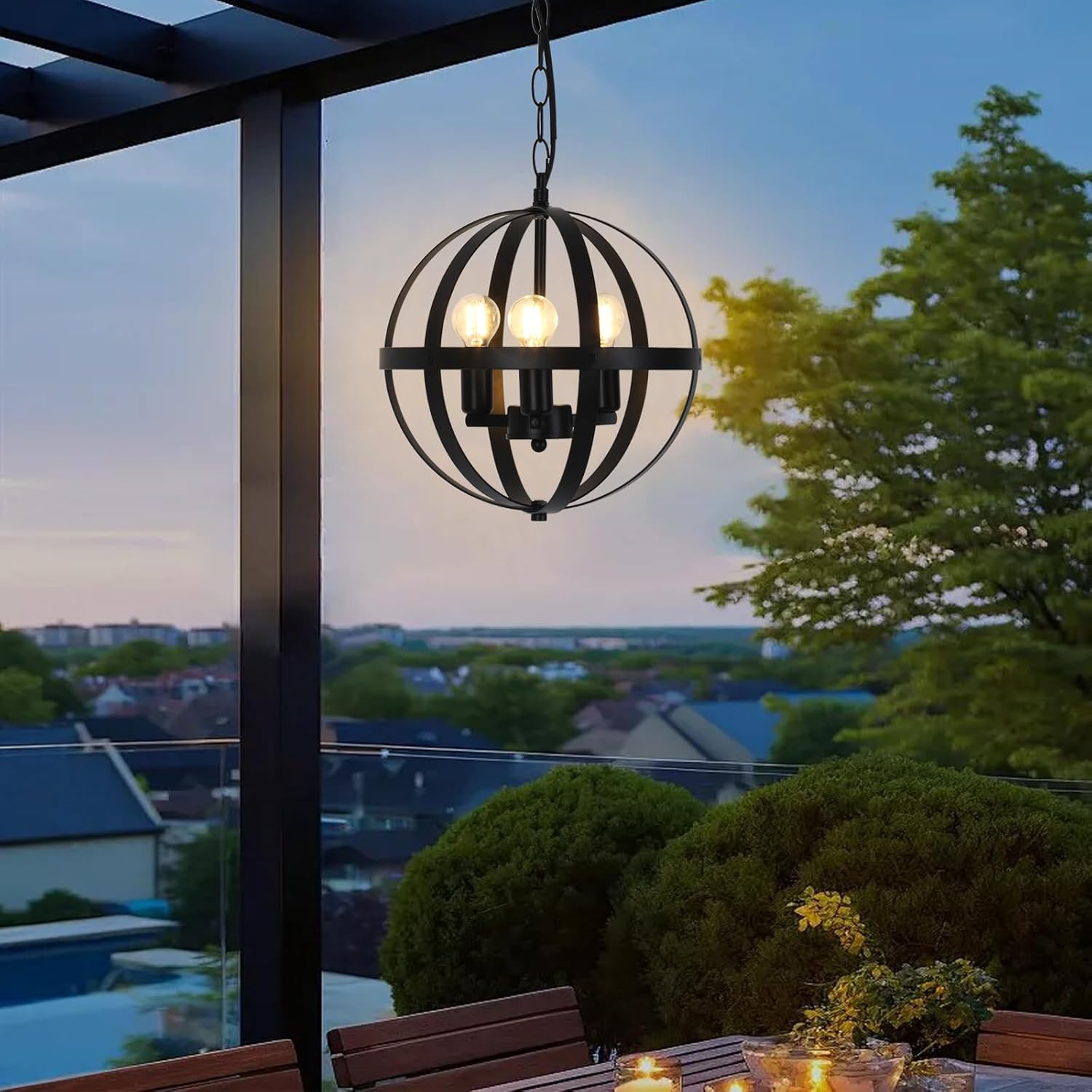Solar Pendant Light,3-Light Globe Solar Chandelier Outdoor/Indoor,Black Metal Orb Design,Waterproof Dimmable Hanging Pendant Lights for Gazebo, Pergola, Canopy,Garden