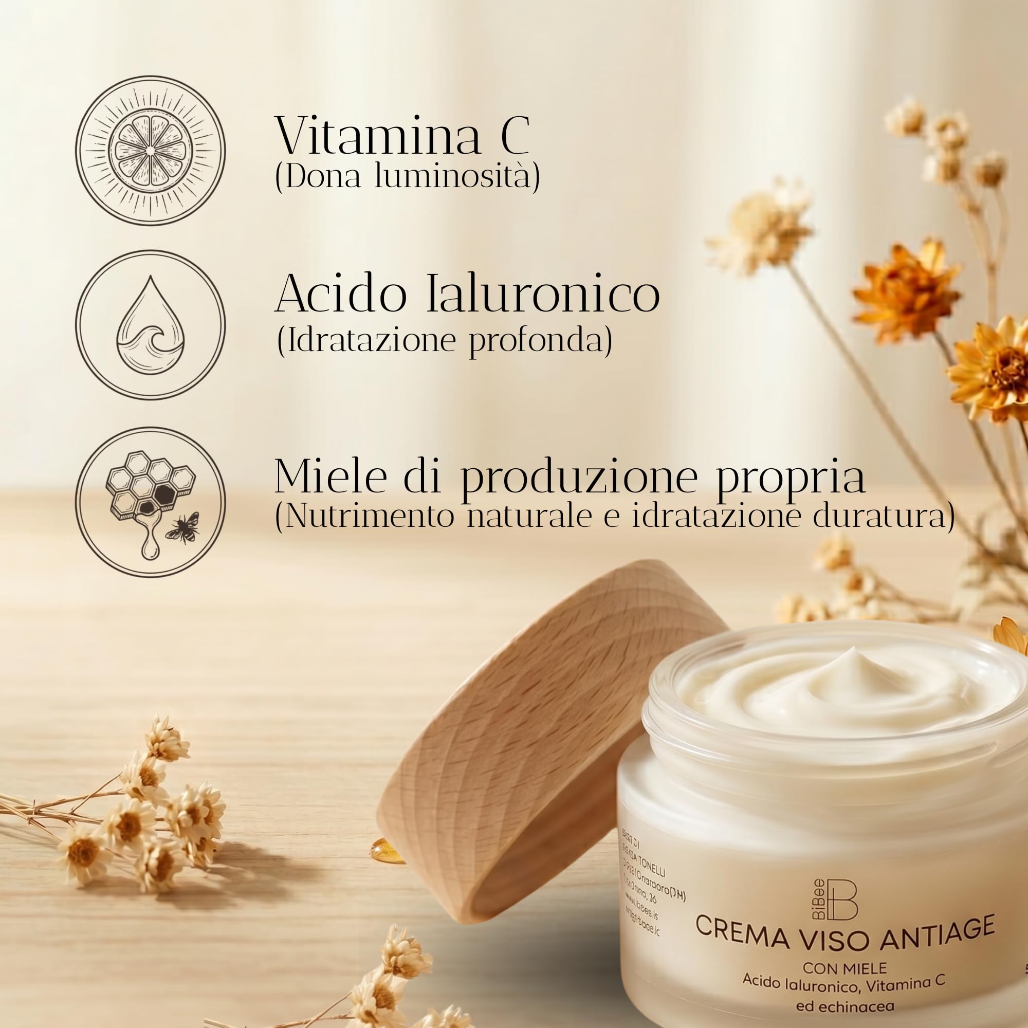 BiBee - Crema Viso Antirughe 60 anni con Acido Ialuronico e Miele 50ml