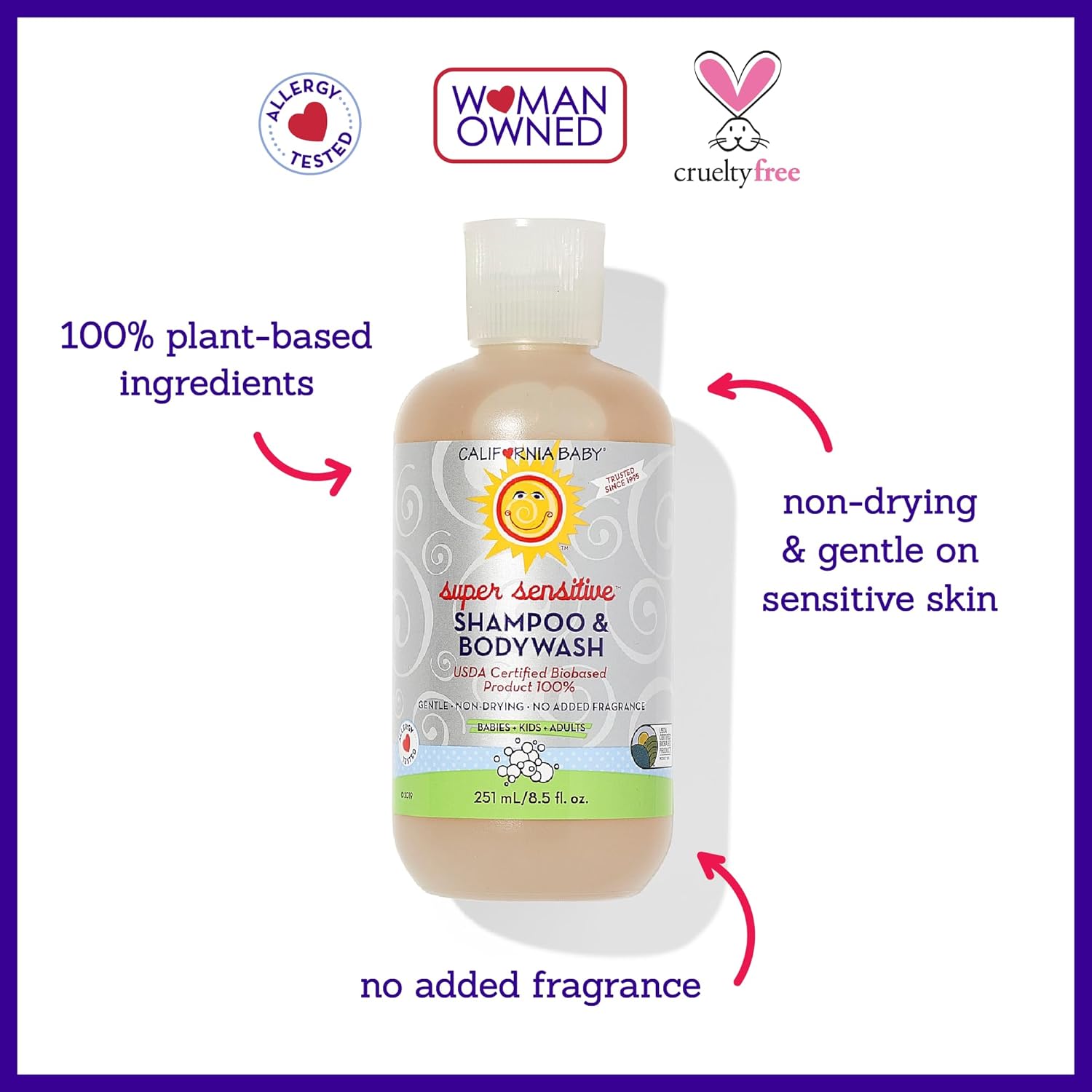 California Baby Super Sensitive Baby Shampoo and Body Wash | 100% Plant-Based | Gentle Fragrance Free Shampoo | Hypoallergenic | 251 mL / 8.5 oz - Image 3