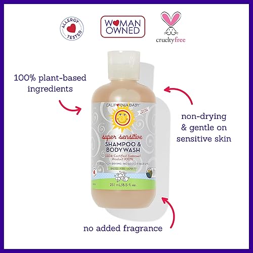 Vista 3 de California Baby Champú y gel de baño súper sensible para bebé, 100% a base de plantas, champú suave sin fragancia, hipoalergénico, 8.5 onzas líquidas
