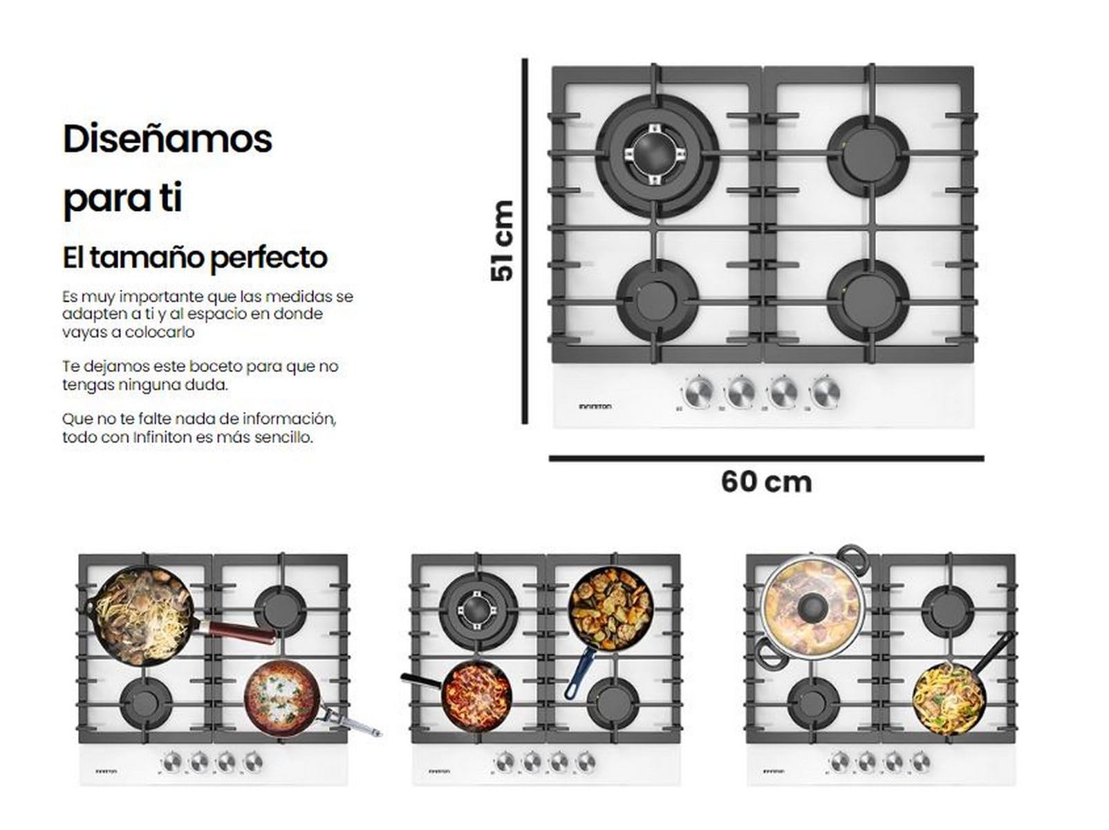 INFINITON Placa de Gas GG-43BK, 4 Fuegos, Ancho 60 cm, Acabado en Crystal White, Encendido Electrico, Compatible con Gas Butano/Propano y Gás Natural