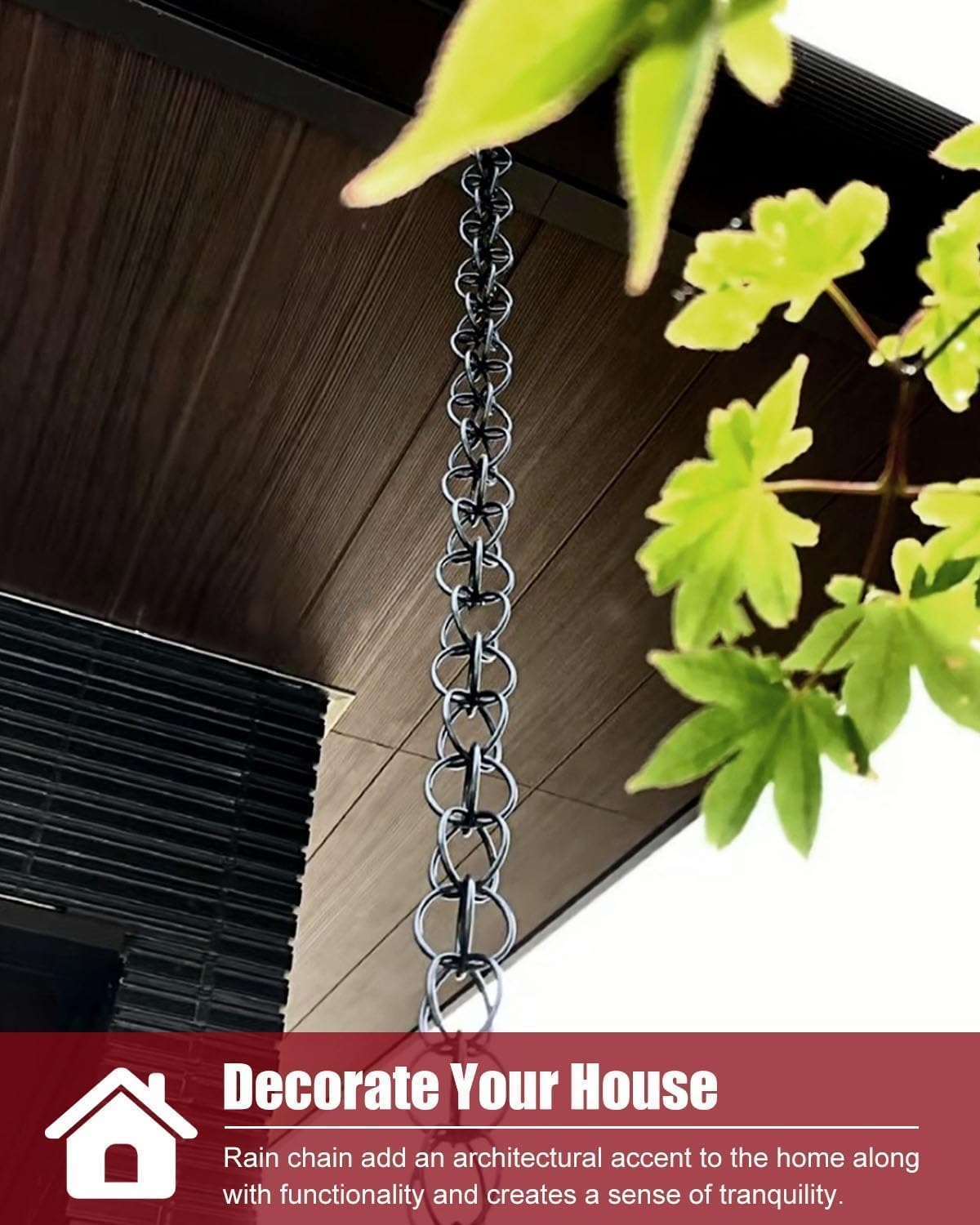 Rain Chains Rain Downspout Chain Black, Ring Rain Guide Chains with Hook, Adjustable Length Rain Gutter Chain Catcher(2.6m/8.5ft)