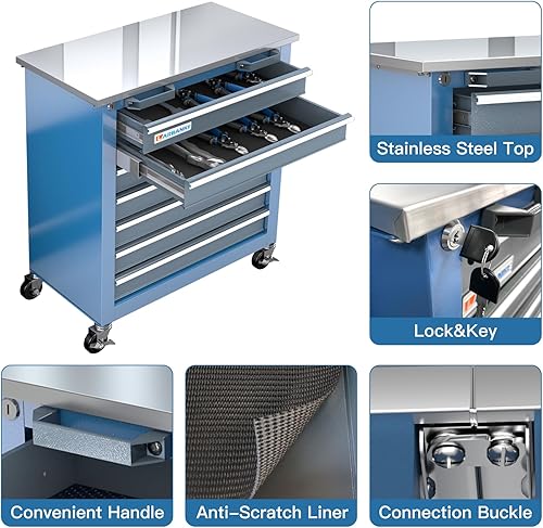 Miniatura 4 de LARBANKE  Cofre de herramientas de 7 cajones con encimera de acero inoxidable, sistema de bloqueo seguro, gabinete con ruedas de 360 y pies