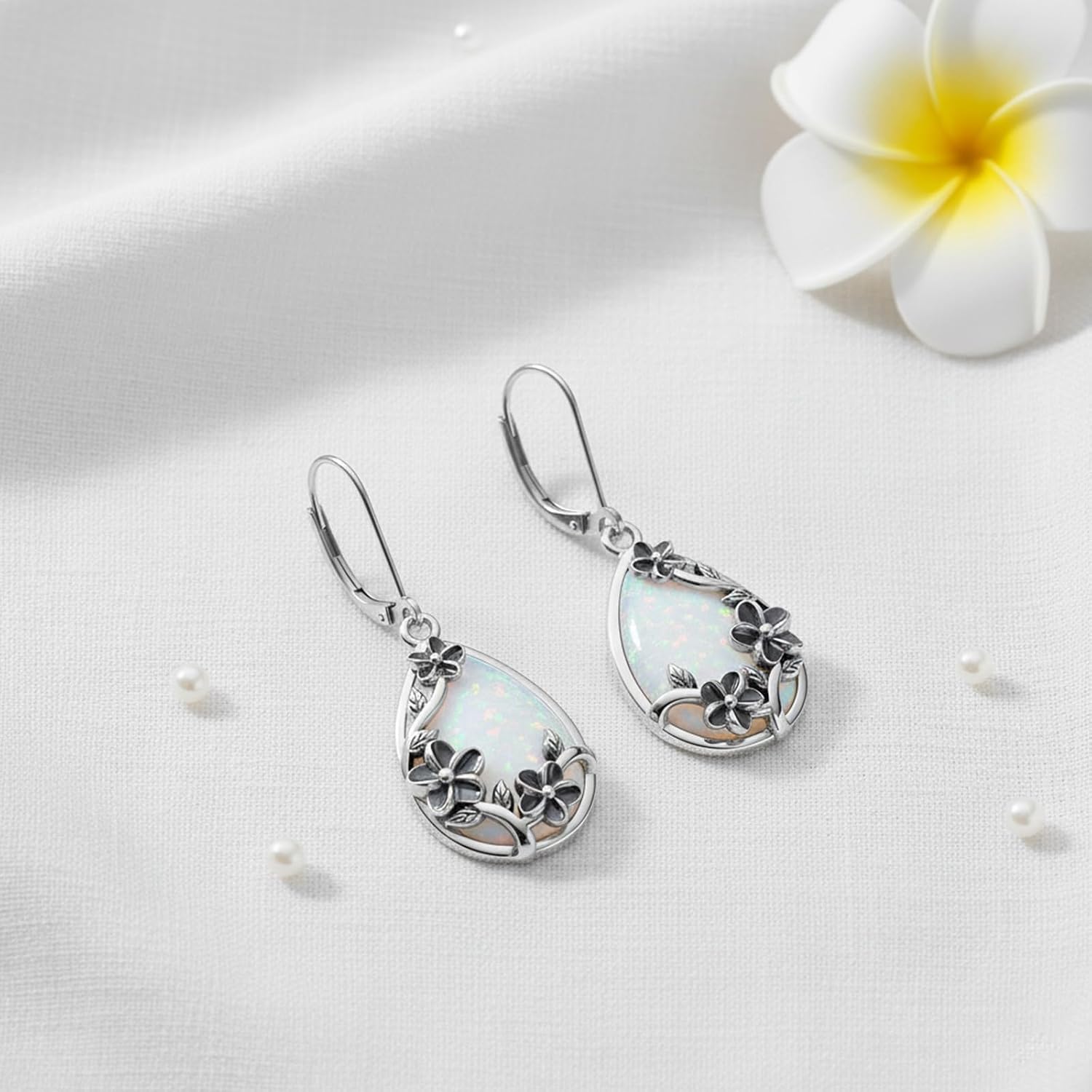 KiiKii Opal Earrings for Women 925 Sterling Silver Plumeria/Hawaiian Flower/Sunflower Dangle Drop Earrings Opal Jewelry Birthday Christmas Gifts for Wife Mom