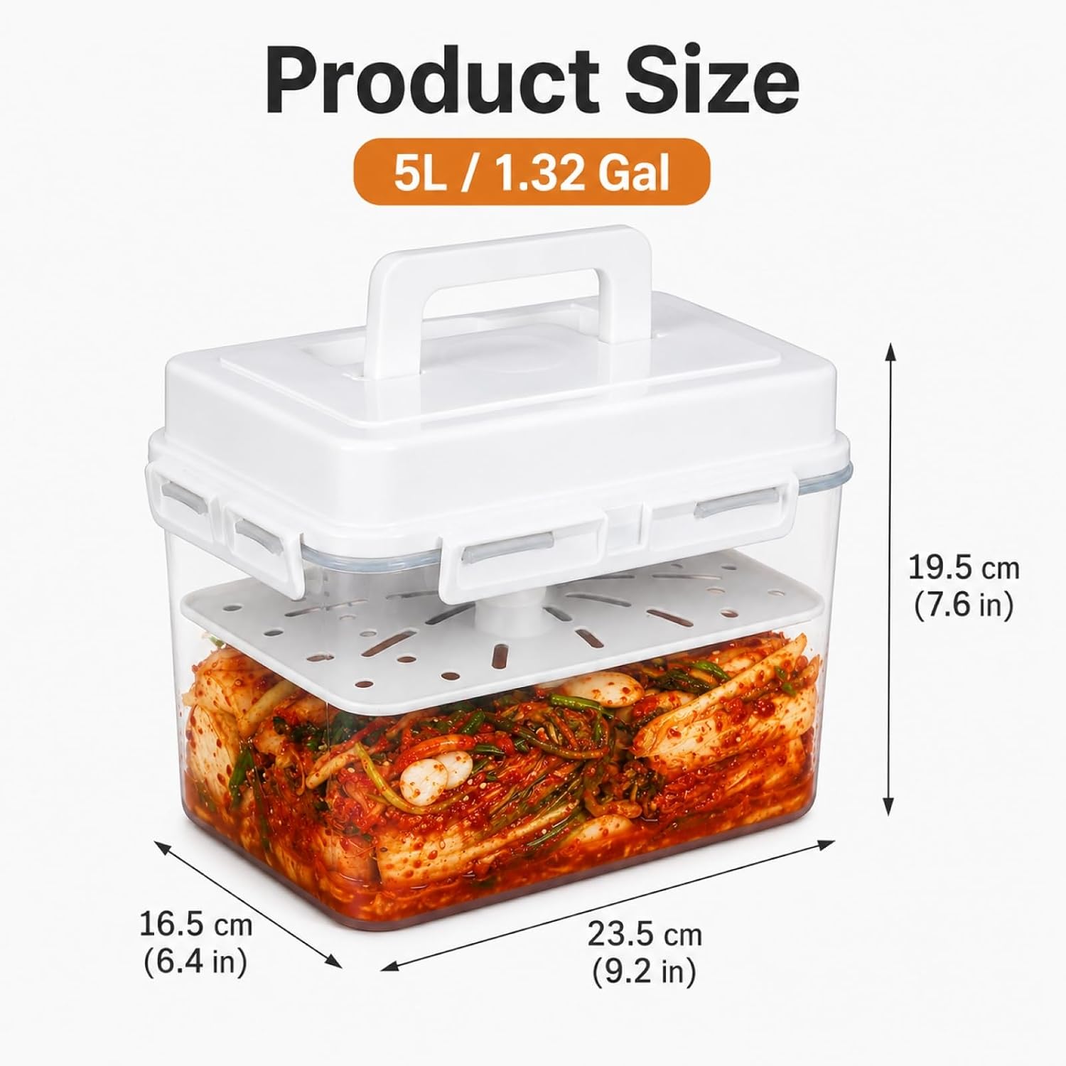 Kimchi Fermentation Container, Automatic Press Plate Sauerkraut Jar, Airtight Plastic Food Storage Container with Hidden Handle, Kimchi Making Kit, Clear Pickle Box for Home Kitchen, 5L/1.32gal