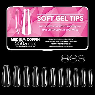 550pcs Coffin Soft Gel Nail Tips, 11 Sizes Medium Coffin Nails Full Cover Acrylic Press on False Nail Tips No Trace for Beginners and Professional Home Salon DIY