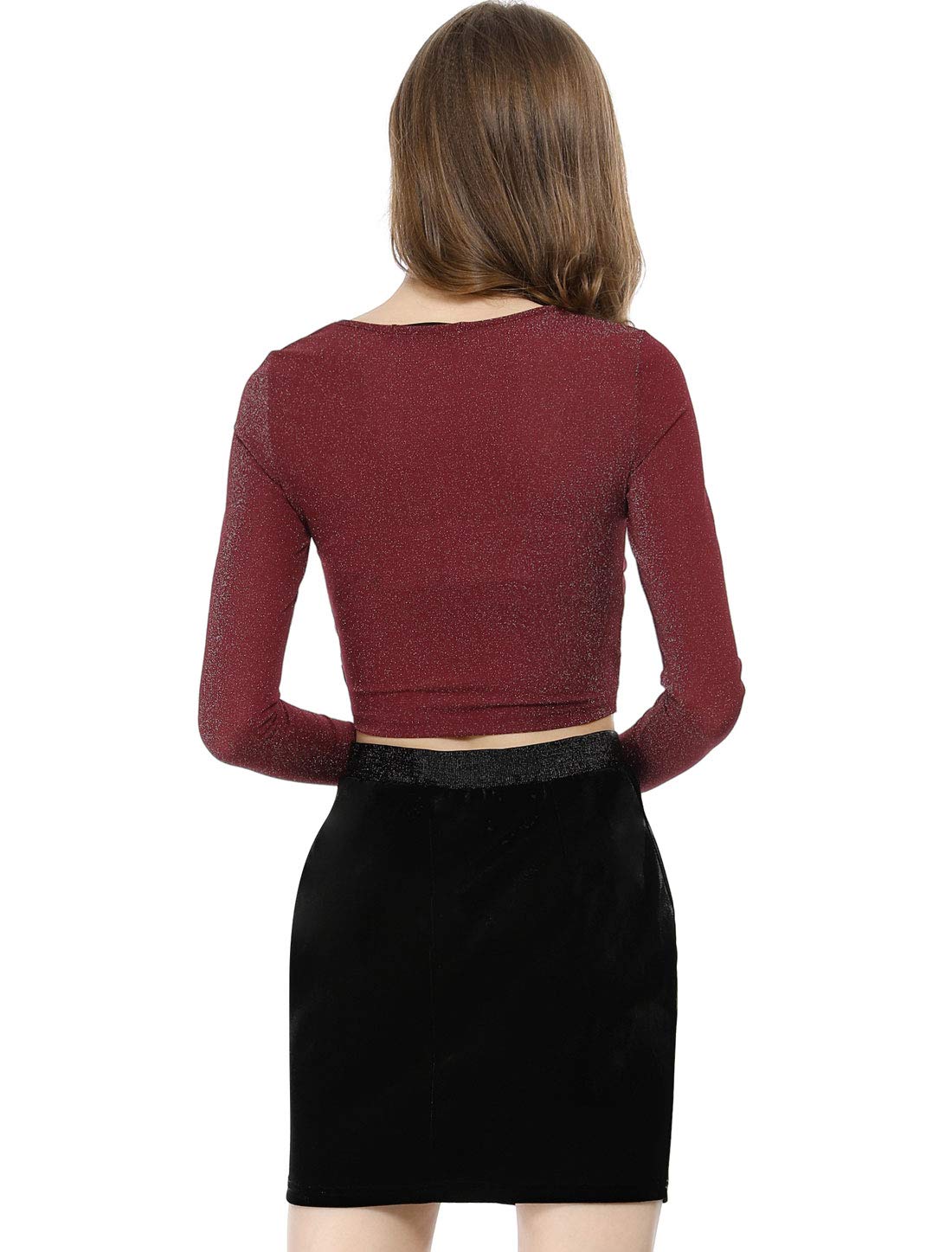 Allegra K Donna Top Festa Paillettes Twist Maniche Lunghe Taglio Cropped | Camicia Lucida con Design Frontale Completo Leggermente Elasticizzata Ottima per Club Concerto Cosplay