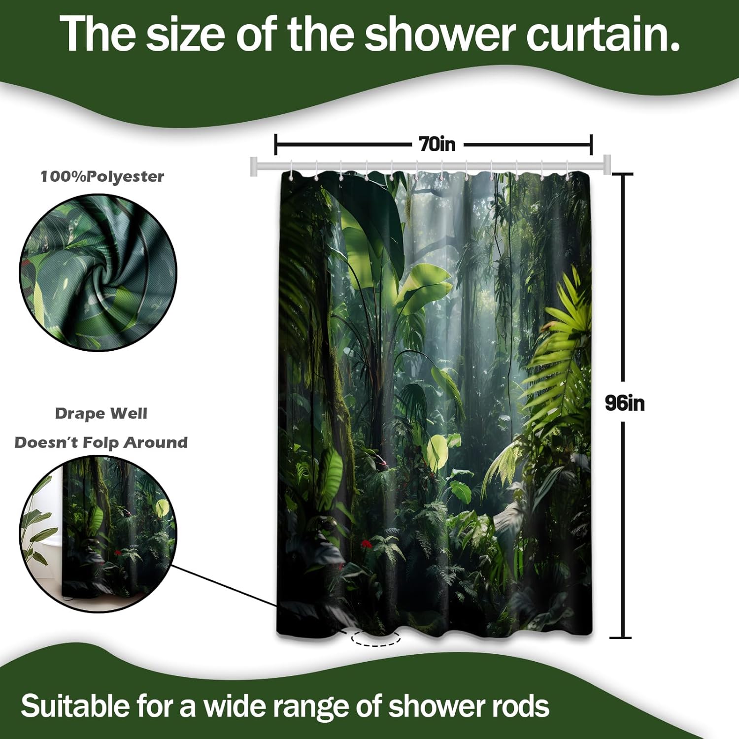 Green Jungle Shower Curtain Nature Forest Rainforest Landscape Tropical Plant Scenery Bathroom Decor, Waterproof Fabric with Hooks, 70x96 Inch