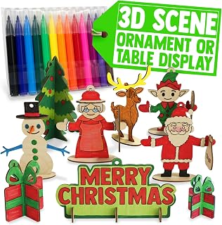 Wooden Ornaments for Crafts - Christmas Crafts for Kids. Santa and Friends 3D Scene to Stand, Hang or Craft. Unfinished Wood Ornament for Craft, Blanks. Wooden Christmas Ornaments DIY, with Markers.