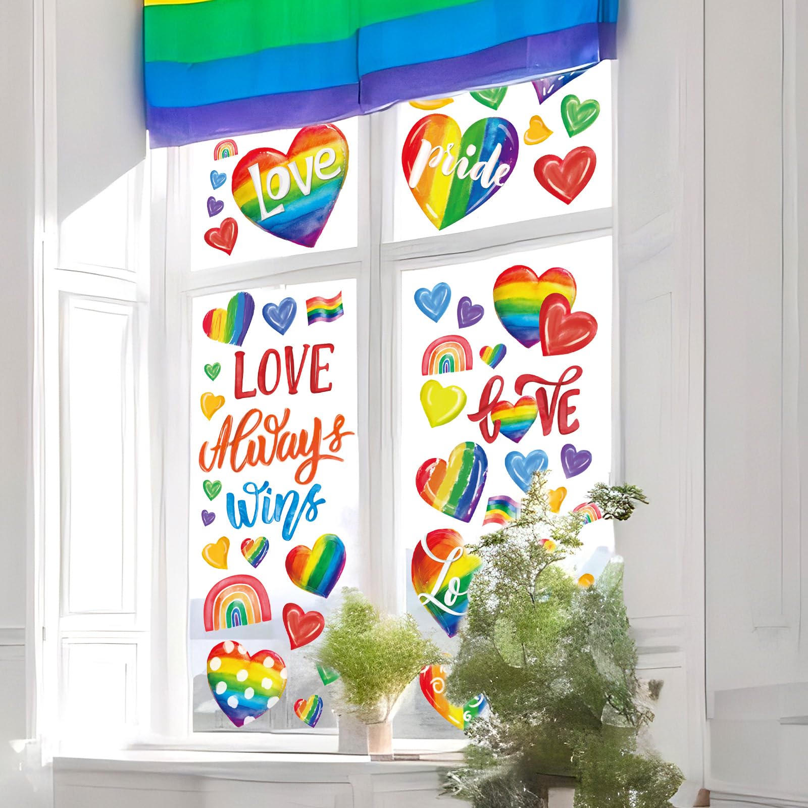 Whaline Gay Pride Fensteraufkleber – 9 Blatt, Regenbogen & „Love Always Wins“ | Wiederverwendbar Für Glas & Fenster
