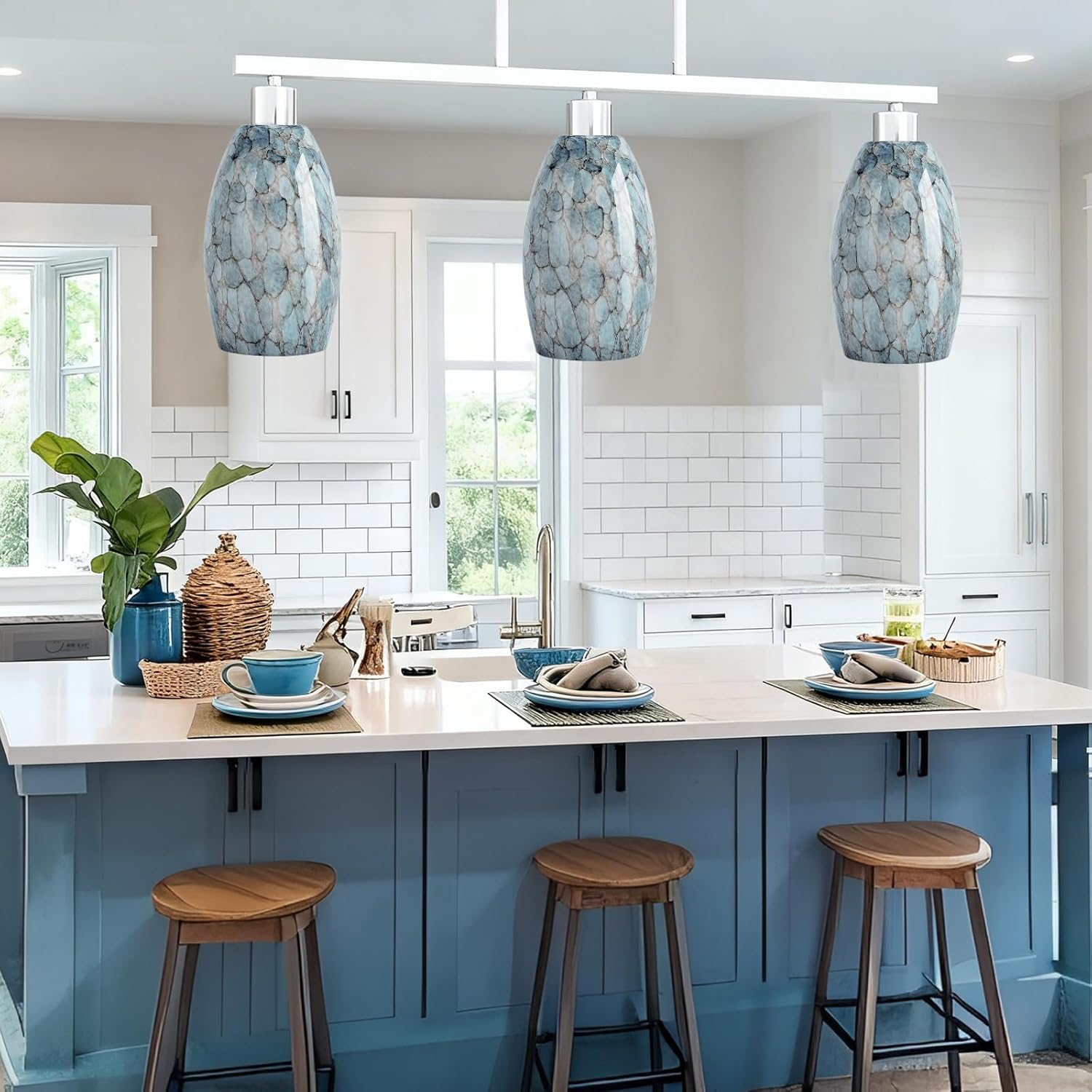 Glass Pendant Light Shade 7.64"H, Blue Oval Lamp Cover Replacement for Kitchen Island, Modern Globe Light Cover, Decorative Glass Ceiling Chandelier Shades, Hanging Pendant Lamp Shade Only, 3 Pack