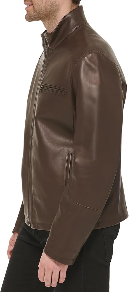 Cole Haan Men's Smooth Lamb Leather Moto Jacket, Java, Large at
