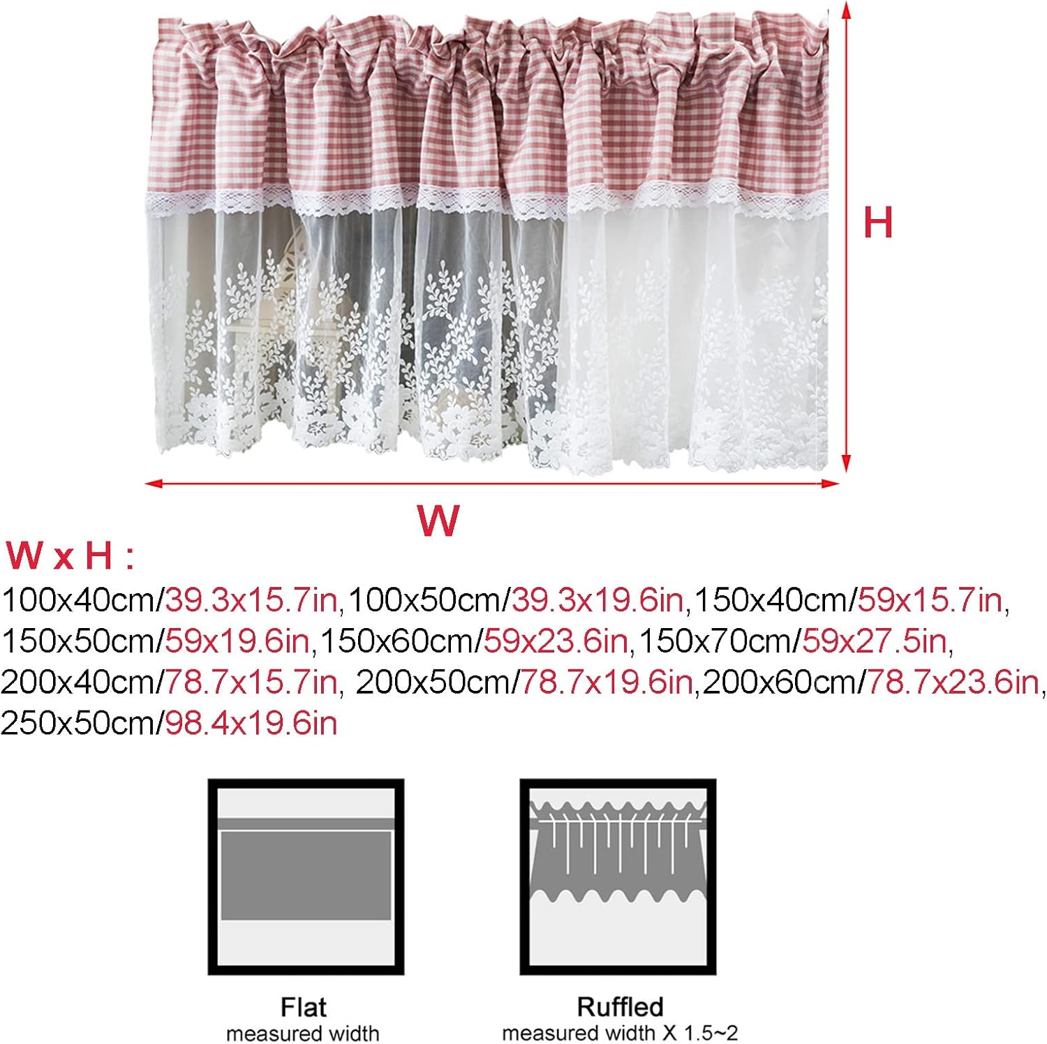 Beautiful Kitchen Curtain pink plaid, White lace embroidery stitching Tier Curtains Panel, Decorate Cafe, Living room, Bedroom, Small Window Valance rod pocket ( Size : W200xH40cm/78.7x15.7in )