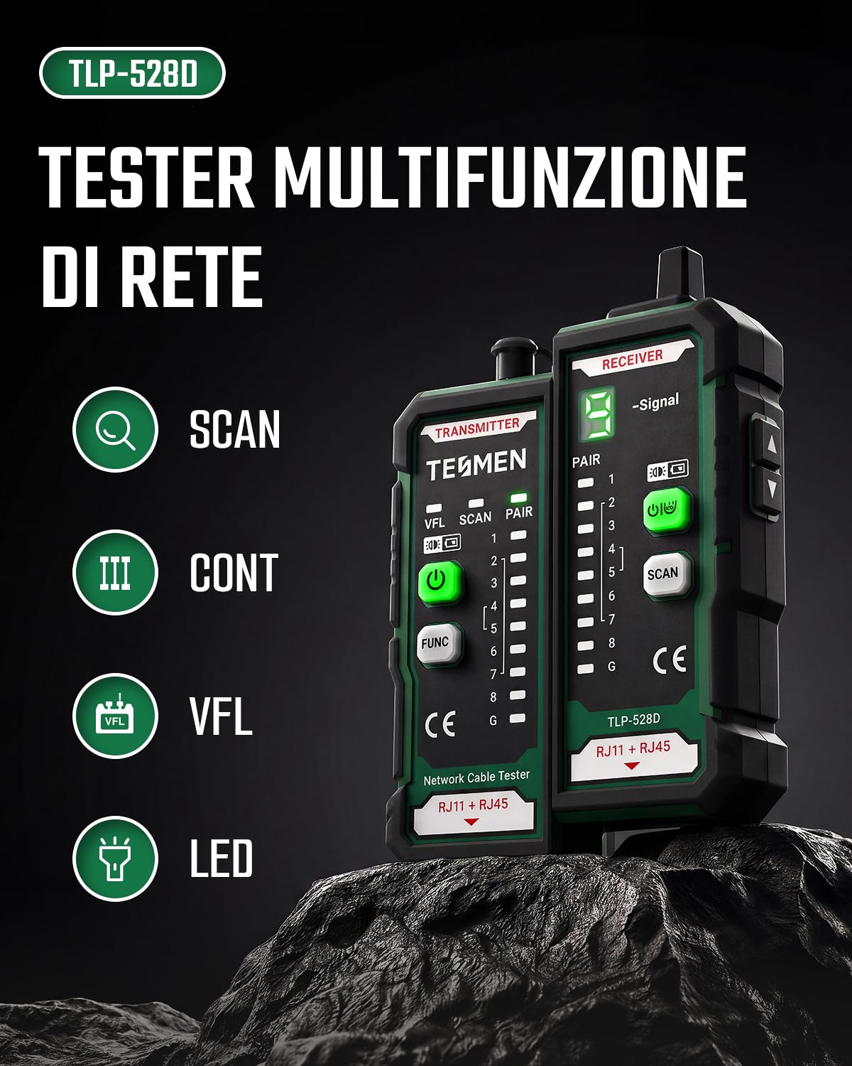 TESMEN TLP-528D Tester rete e misuratore VFL fibra ottica con connettore da 2,5 mm, localizzatore RJ45 Ethernet per CAT5/CAT6 con test di continuità, finder LAN/TEL e riparazioni domestiche