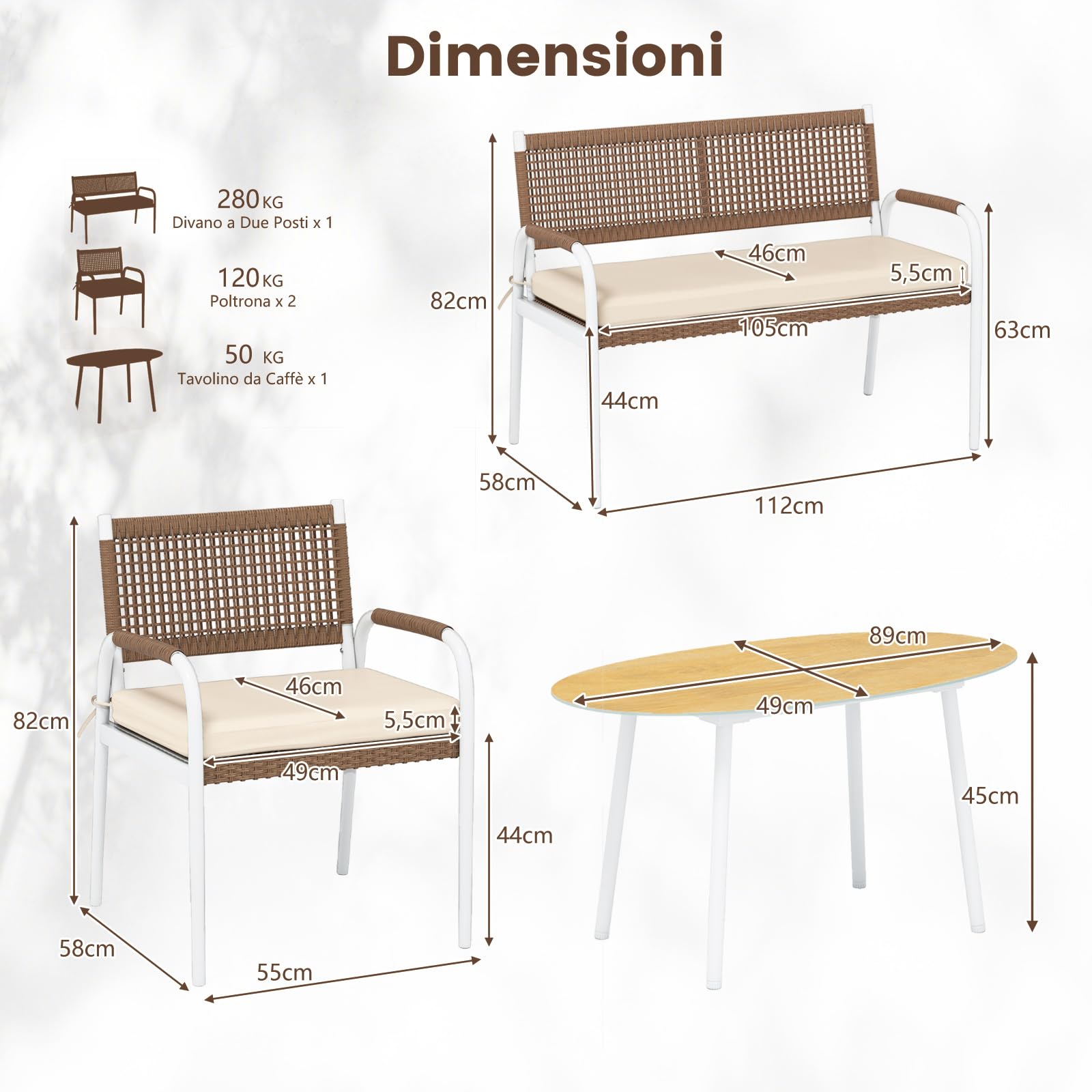 COSTWAY Set Salotto da Giardino 4 Pezzi, Divanetto in Rattan PE e 2 Poltrone con Cuscini Morbidi, Tavolo in Vetro Temperato, Set di Mobili da Esterno per Balcone, Veranda, Giardino e Cortile