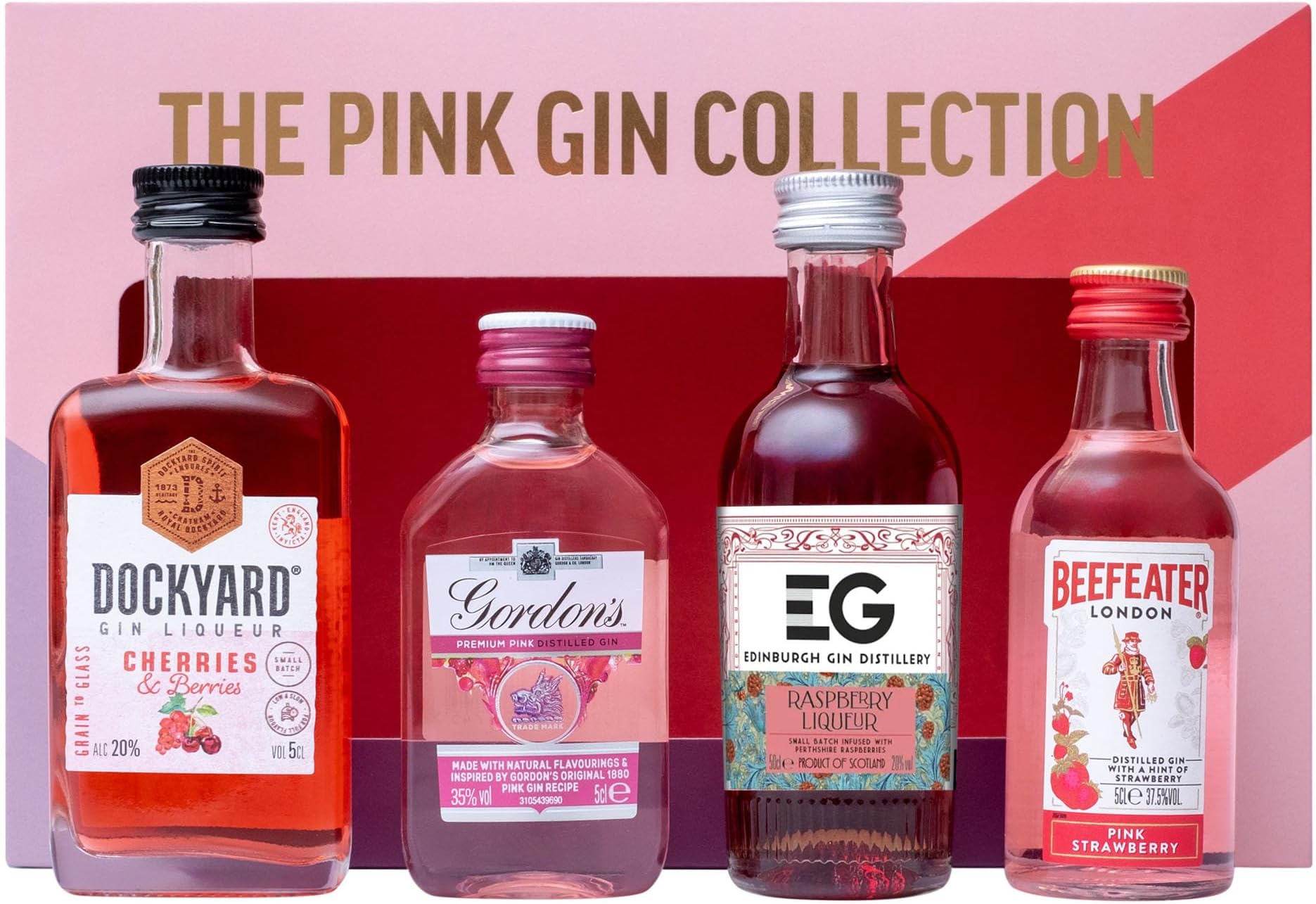 Pink Gin Gift Set, Beefeater, Gordon's, Edinburgh, Dockyard, 4 x 5 cl
