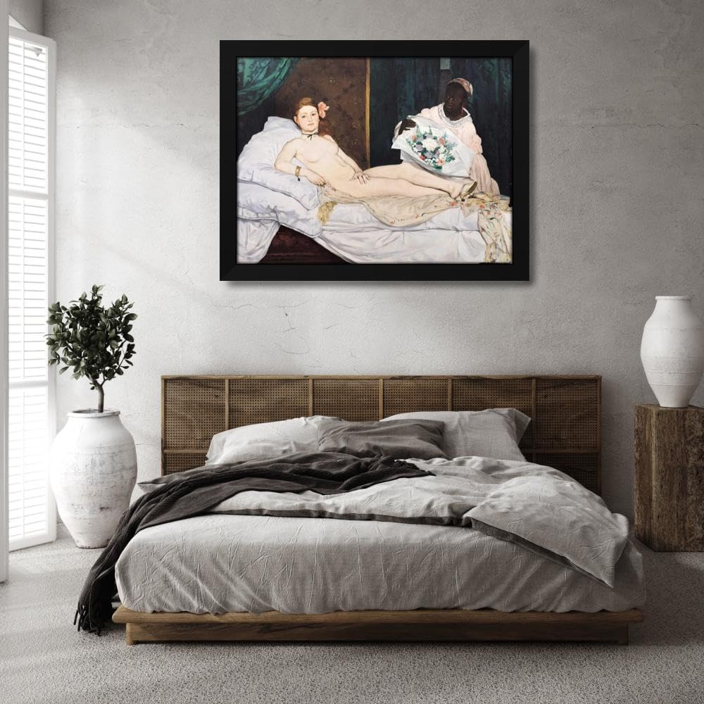 Manet, Edouard 48x36 Huge Black Modern Framed Canvas Art Print Titled: Olympia