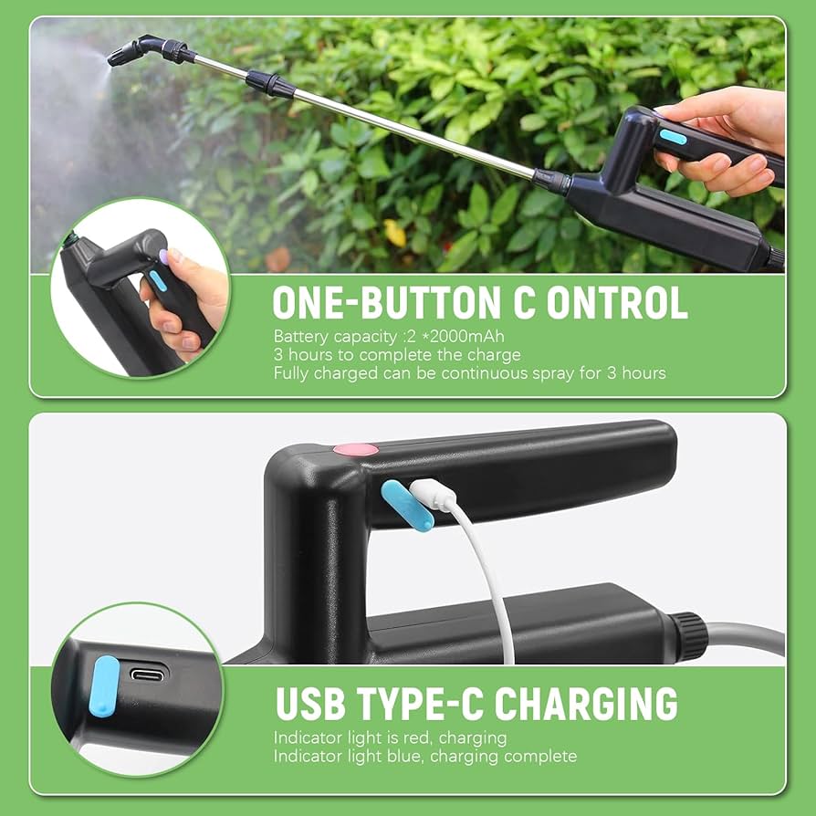 ONEVER Spruzzatore elettrico 7L con 3 ugelli per nebbia, spruzzatore portatile USB ricaricabile per piante da giardino con tracolla regolabile, spruzzatore per erbe, giardino-Blu