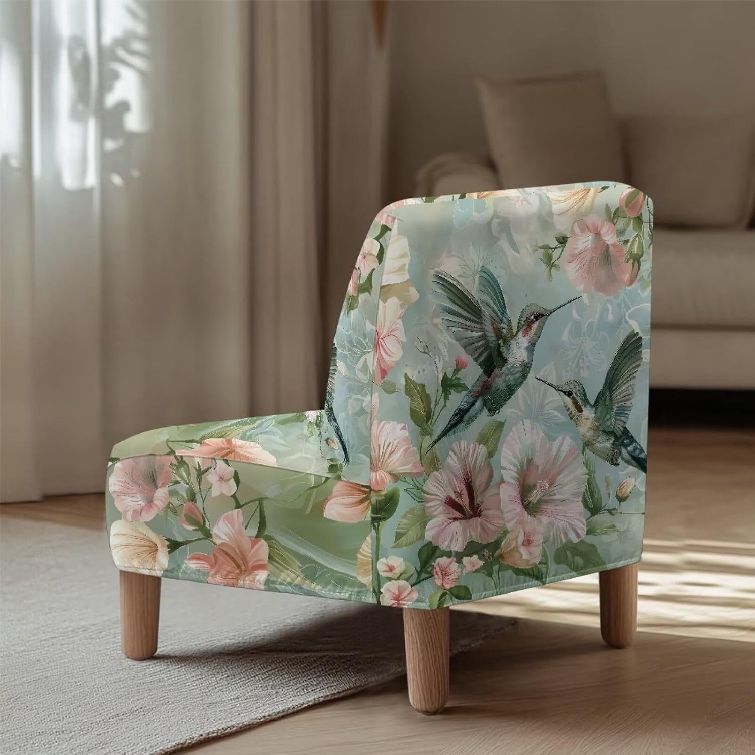Floral Accent Chair Covers Without Arms Hummingbird Armless Chair Slipcover 1 Piece Single Sofa Chair Cover Armless Thick Armless Recliner Sofa Cover for Living Dining Room