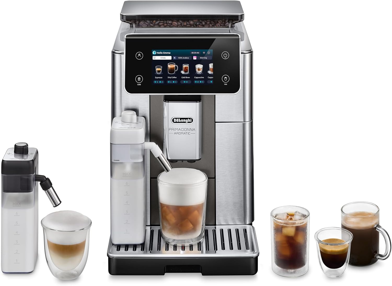 De'Longhi PrimaDonna Aromatic Fully Automatic Espresso Machine | #1 Worldwide Espresso Machine Maker, 38 One-Touch Recipes, Hot & Cold Milk Frother, Built-In Grinder, Touchscreen Display
