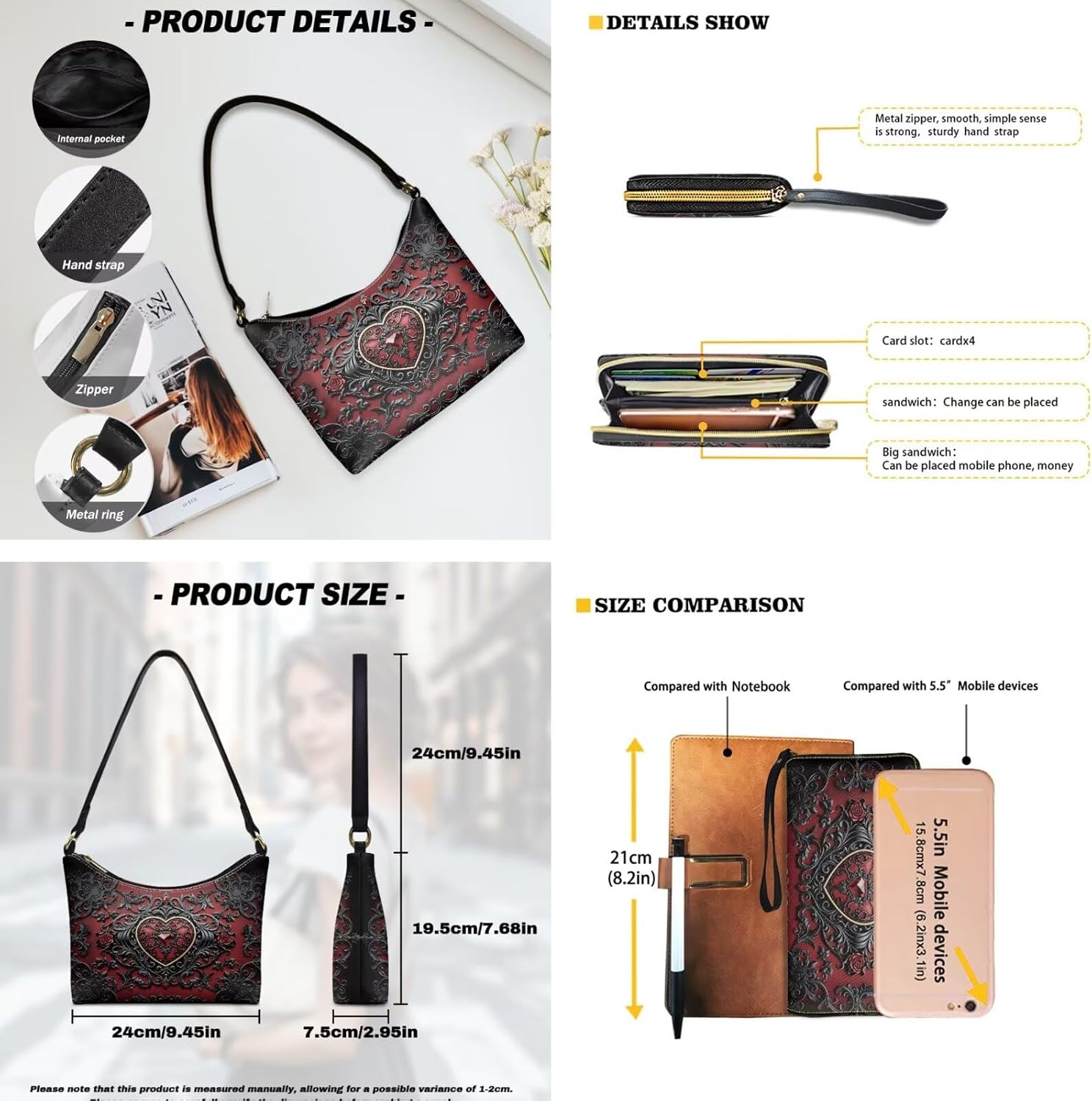 Handbag and Purse Set with Wristlet Wallet Leather Underarm Bag with Clutch Purse Top Handle Handbag for Travel