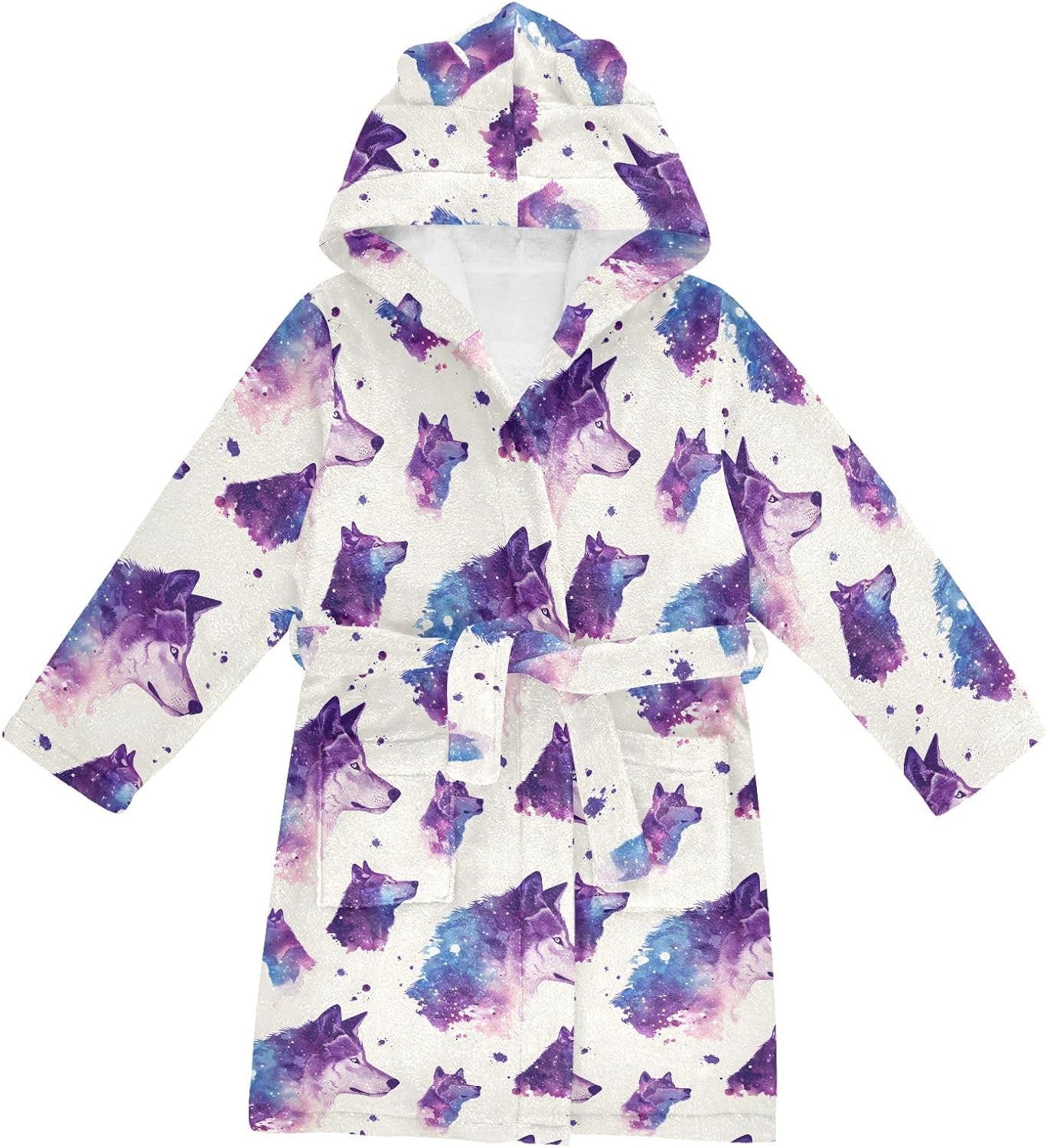 Wolf Purple Prints Toddler Hooded Bathrobe for Boys Girls Soft Plush Bath Towel Robe 2-12 Years