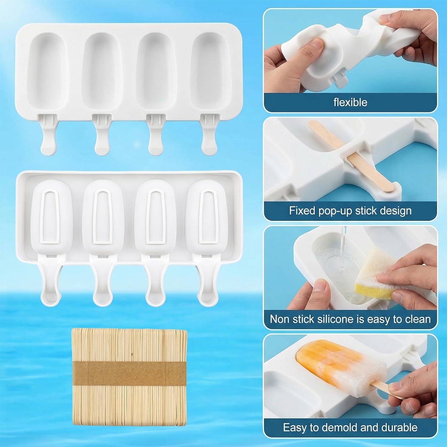 Mini Silicone Popsicle Molds Set, 4 Cavities Ice Cream Cake Pop Mold, Oval Cakesicle Silicone Mold with 50 Wooden Sticks for Ices Pops,Cakesicles,Cake Pop