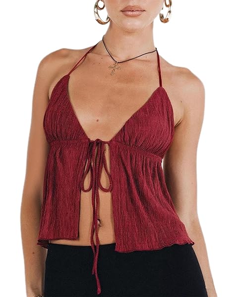Women's Sexy Halterneck Pleated Tops Lace-up Open Front Backless Cardigan Top Sleeveless Y2K Shirt Streetwear