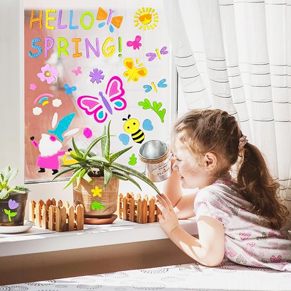 6 Pack Spring Window clings Reusable Window Cling for Glass Windows | Reusable window stickers for window clings with flowers butterfly bees birds & Hello Spring Design