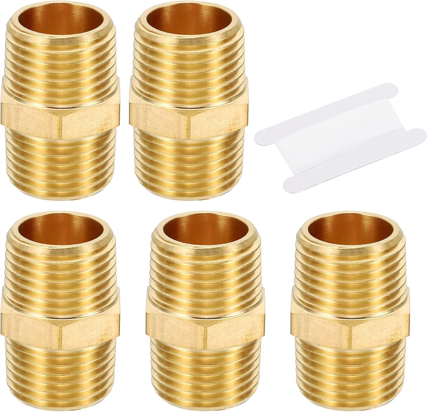 PATIKIL Brass Pipe Fittings Coupler Set, 5Pcs 1" x 1" NPT Male Thread Brass Hex Nipple Coupling Reducer Adapter Tubing Connector Adaptor with PTFE Tape for Water, Air, Oil, Gas Line