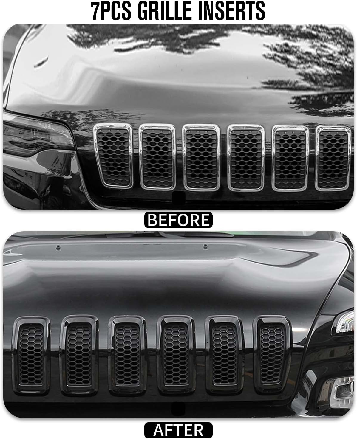 Jimen for Jeep Cherokee Grill Inserts, 7PCS Grille Inserts Compatible with Jeep Cherokee 2014-2018 (Black)