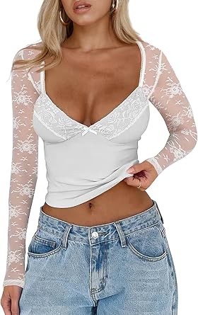 CSDAJIO Womens Sexy Going Out Tops for Women Sweetheart V Neck Long Sleeve Lace Top Low Cut Shirt