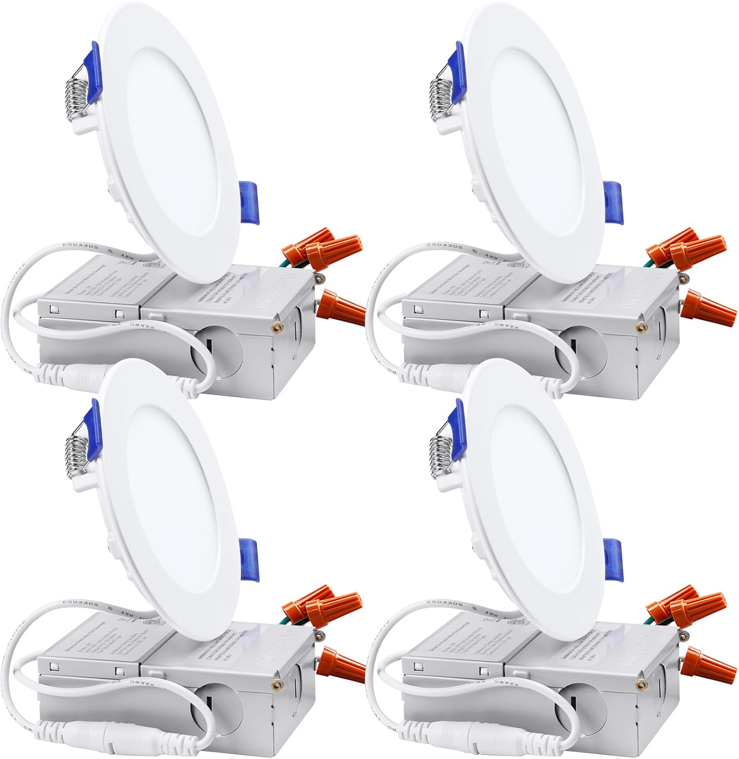 TORCHSTAR 4 Inch Ultra-Thin LED Recessed Light with Junction Box, 3000K Warm White, 10W 80W Eqv. Dimmable Slim LED Downlight, ETL and Energy Star Certified, Pack of 4