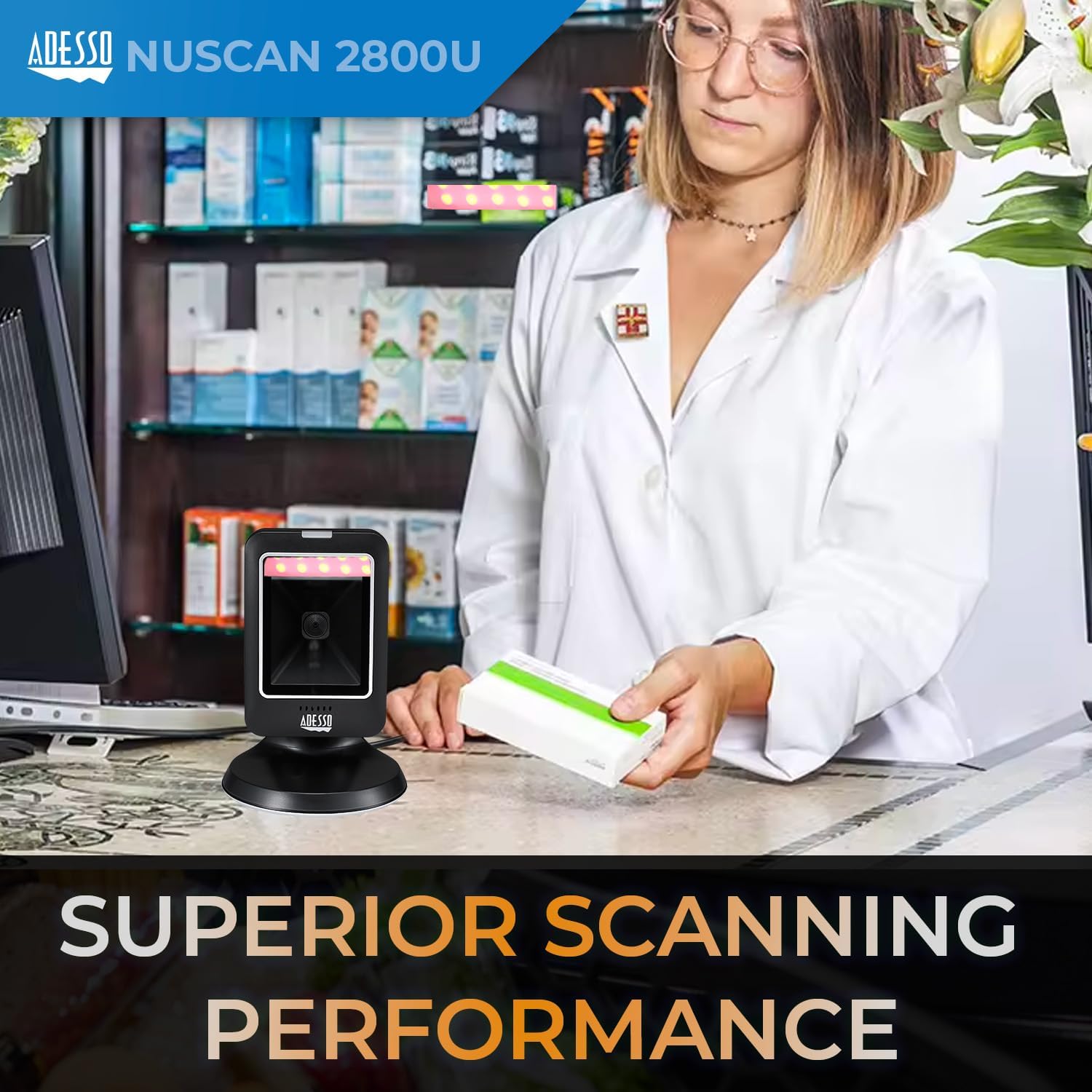 Adesso NuScan 2800U Omnidirectional 2D Desktop Barcode Scanner USB