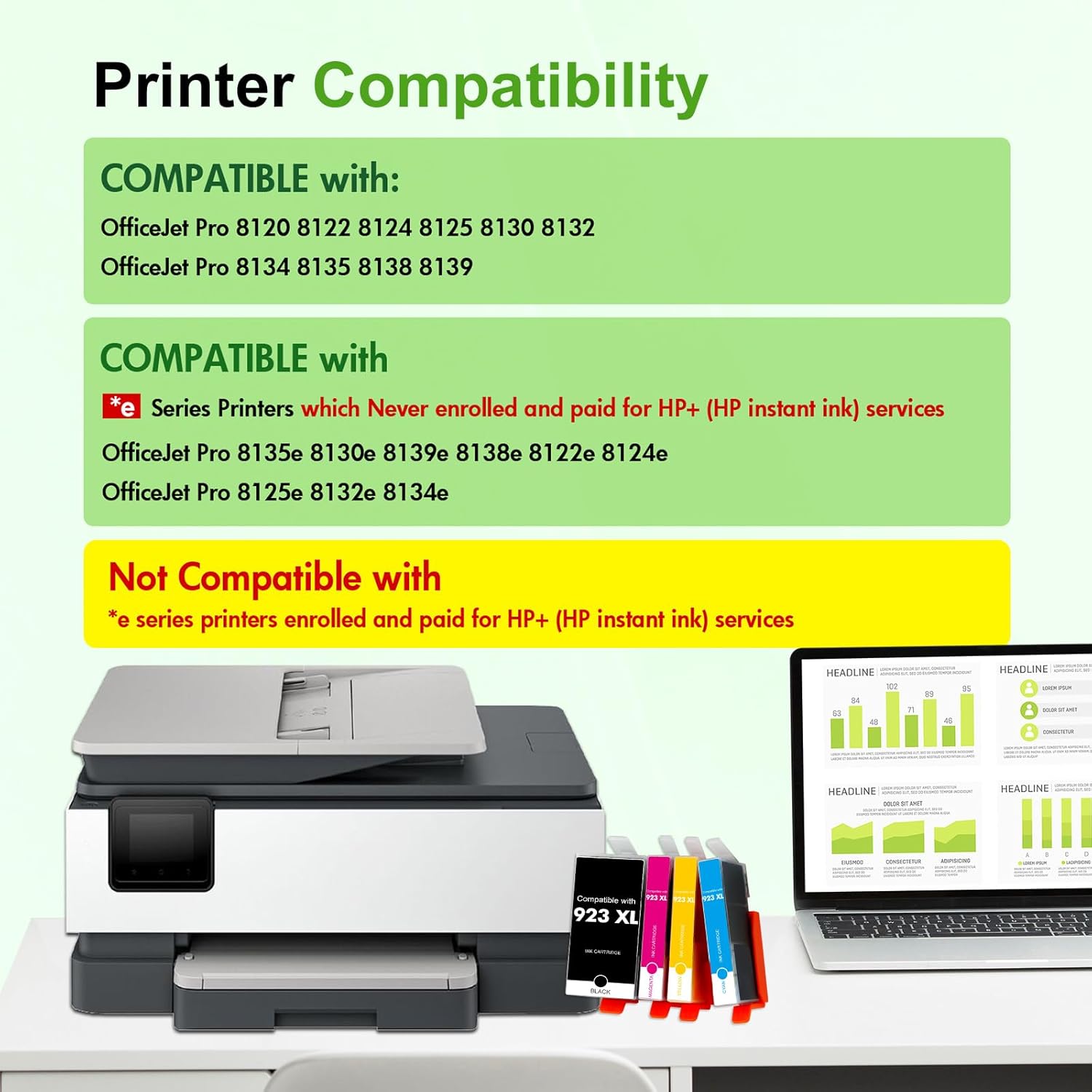 923 923XL Ink Cartridges Combo Pack with Chip: Replacement for HP Printers Ink 923e 923 923XL for HP923 OfficeJet Pro 8130e 8135e 8138e 8139e 9130 8125e 8122e 8120 8124e Printer (4 Pack B/C/M/Y)