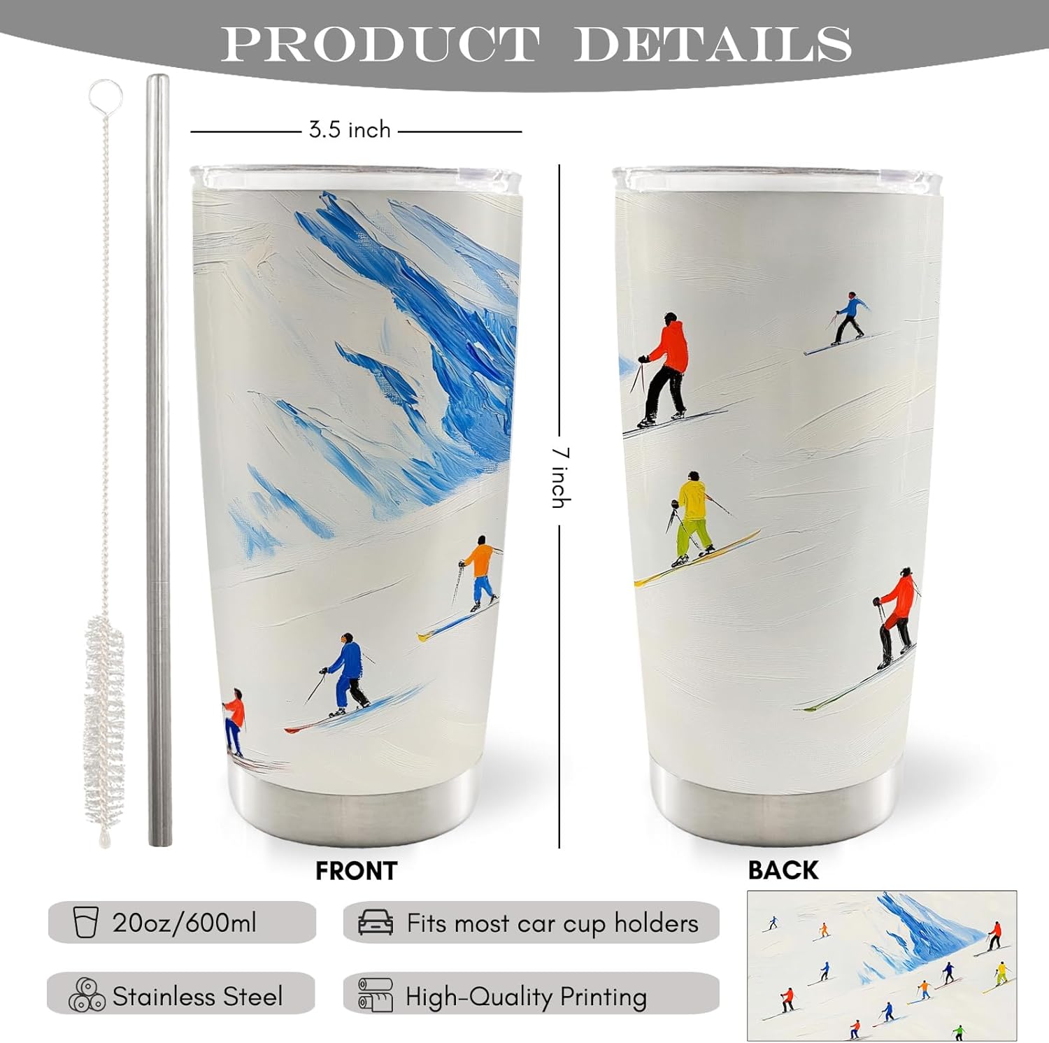 Winter Skiing Skier 20oz Travel Coffee Mug Tumbler, Christmas Ski Skiing Gifts for Skiers Men Women, Winter Skier Gifts, Skiing Christmas Water Stainless Steel Tumbler with Lid and Straw - Image 7