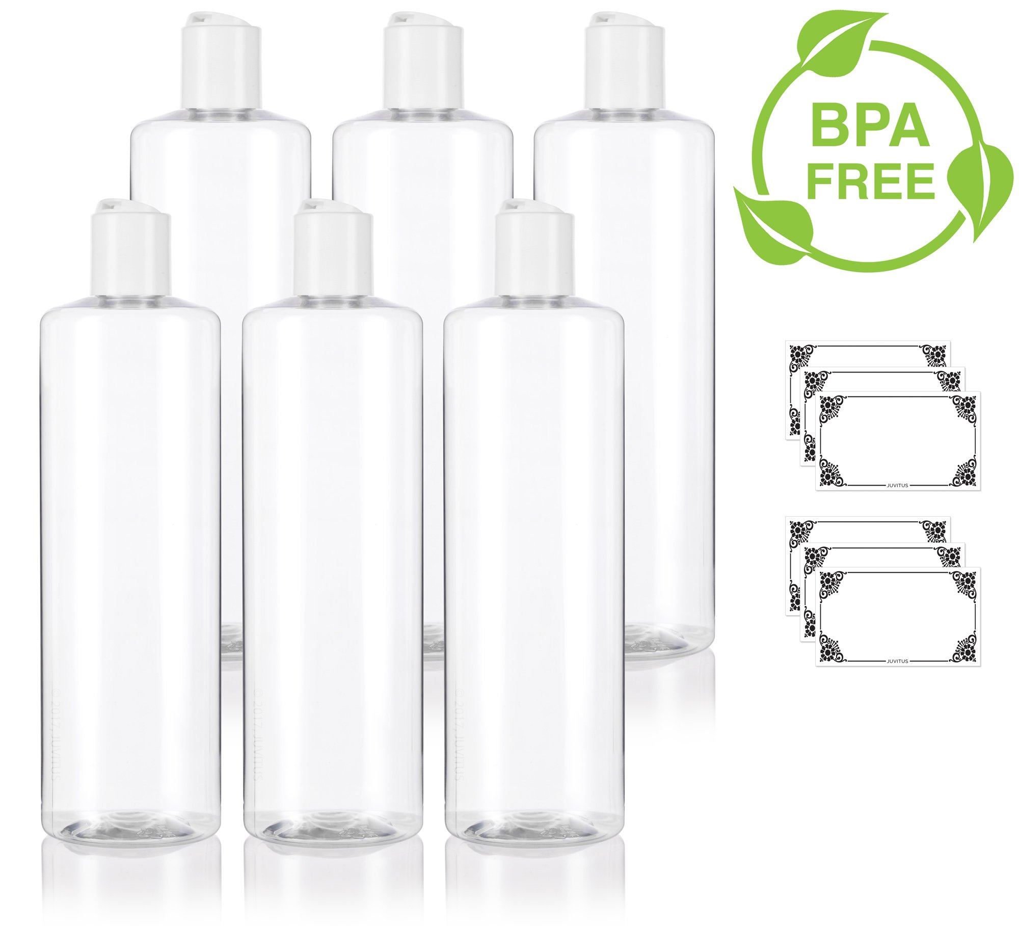 JUVITUSClear 16 oz / 500 ml Professional Cylinder PET Plastic Bottles (BPA Free) (6 pack) (White Disc Cap Lid)