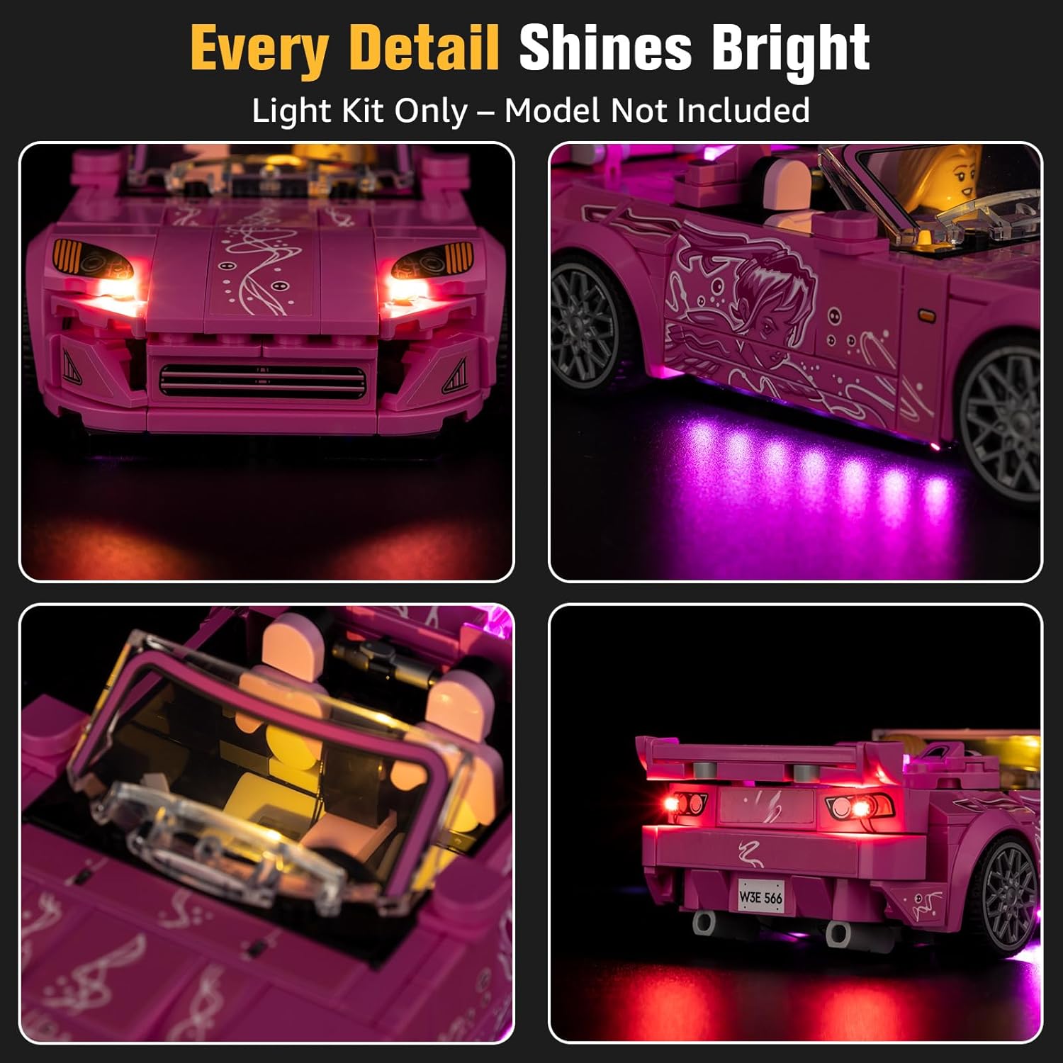 BrickSoul Light Up Kit Compatible with Lego Speed Champions 2 Fast 2 Furious Honda S2000 77241 Building Set, Upgrade Cable-Hiding Tech Lighting Accessories, Not Included 77241 Model