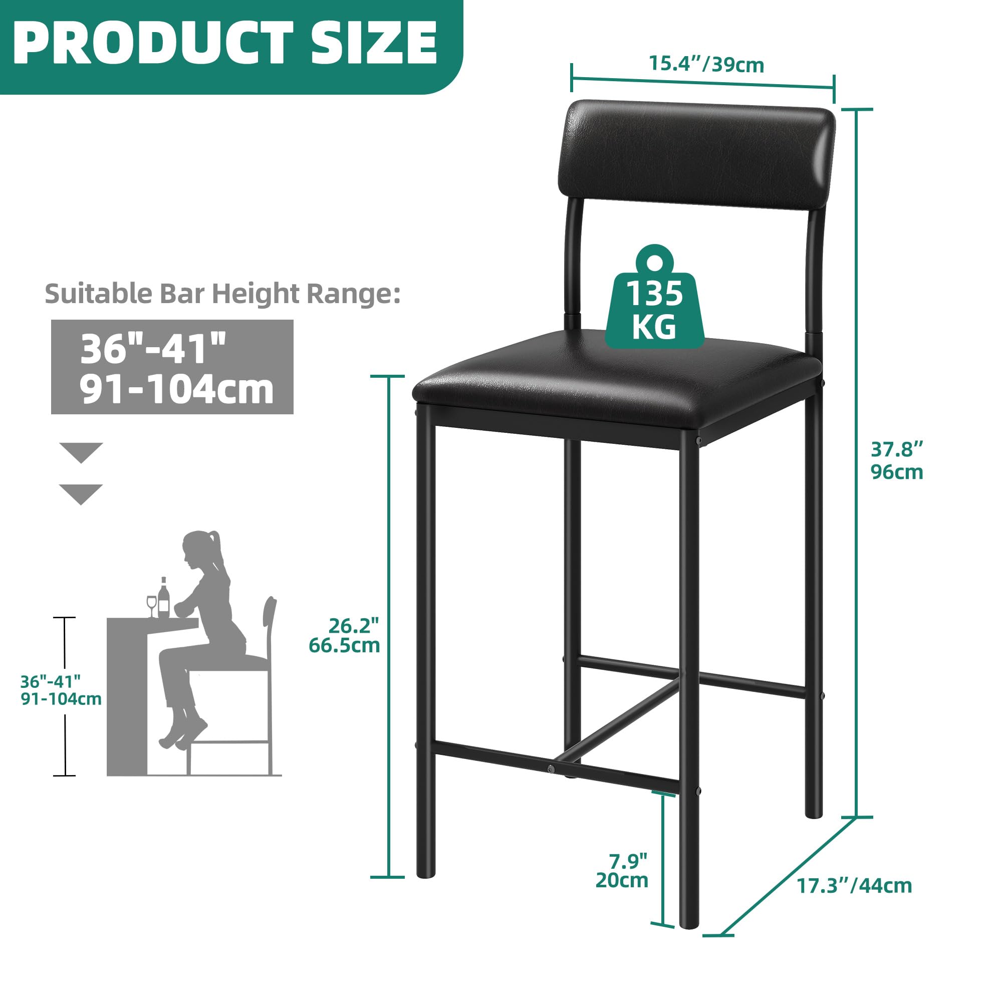 YITAHOME Barhocker Set von 2, Hochhocker mit gepolstertem Sitz und Rückenlehne, industrielle Barhocker für Küche/Esszimmer, Barstühle mit ergonomischem Fußstützen, schwarz