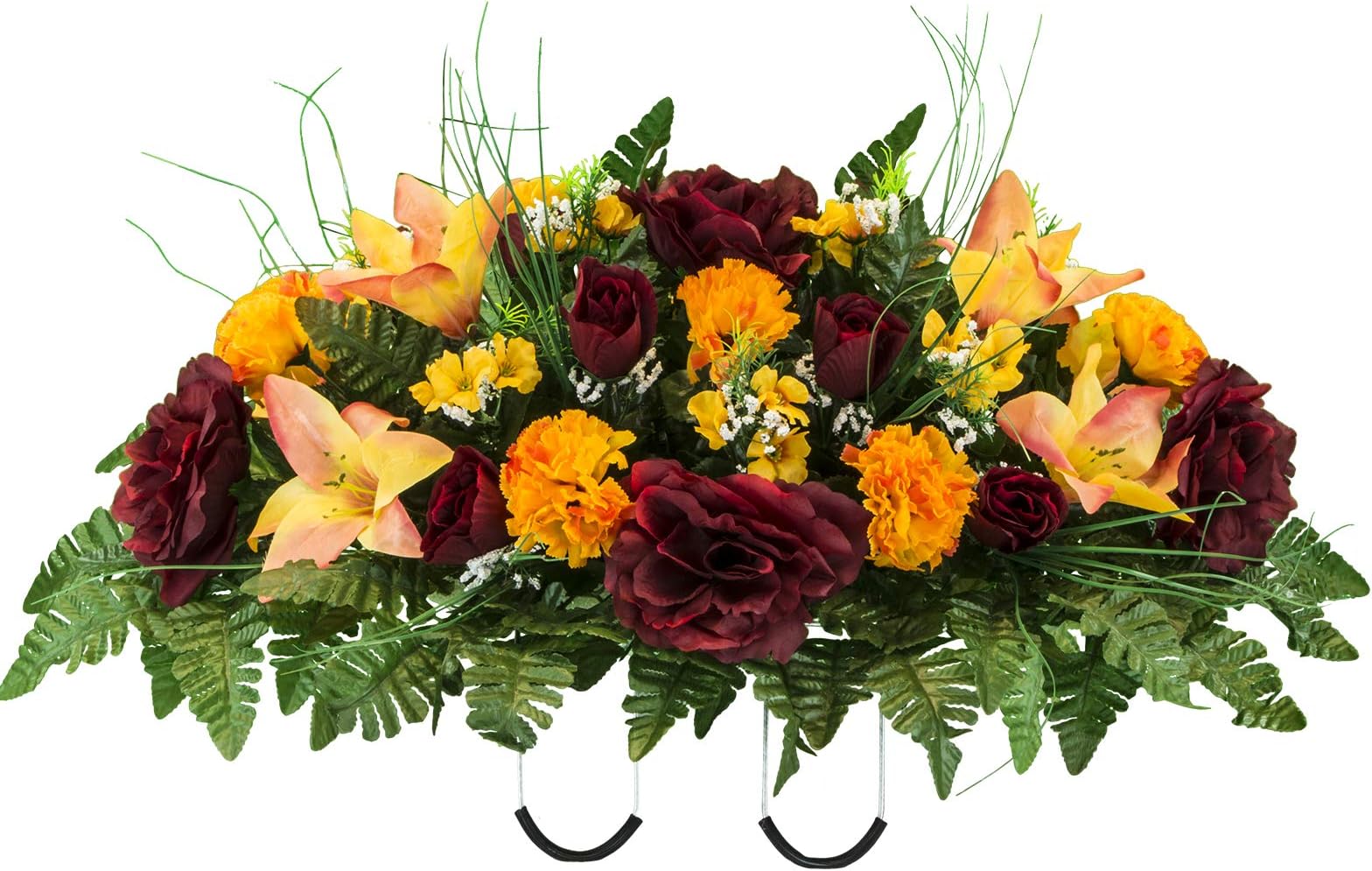 Sympathy Silks Artificial Cemetery Flowers – Realistic Vibrant Roses, Outdoor Grave Decorations - Non-Bleed Colors, and Easy Fit - Autumn Mix Saddle for Headstone