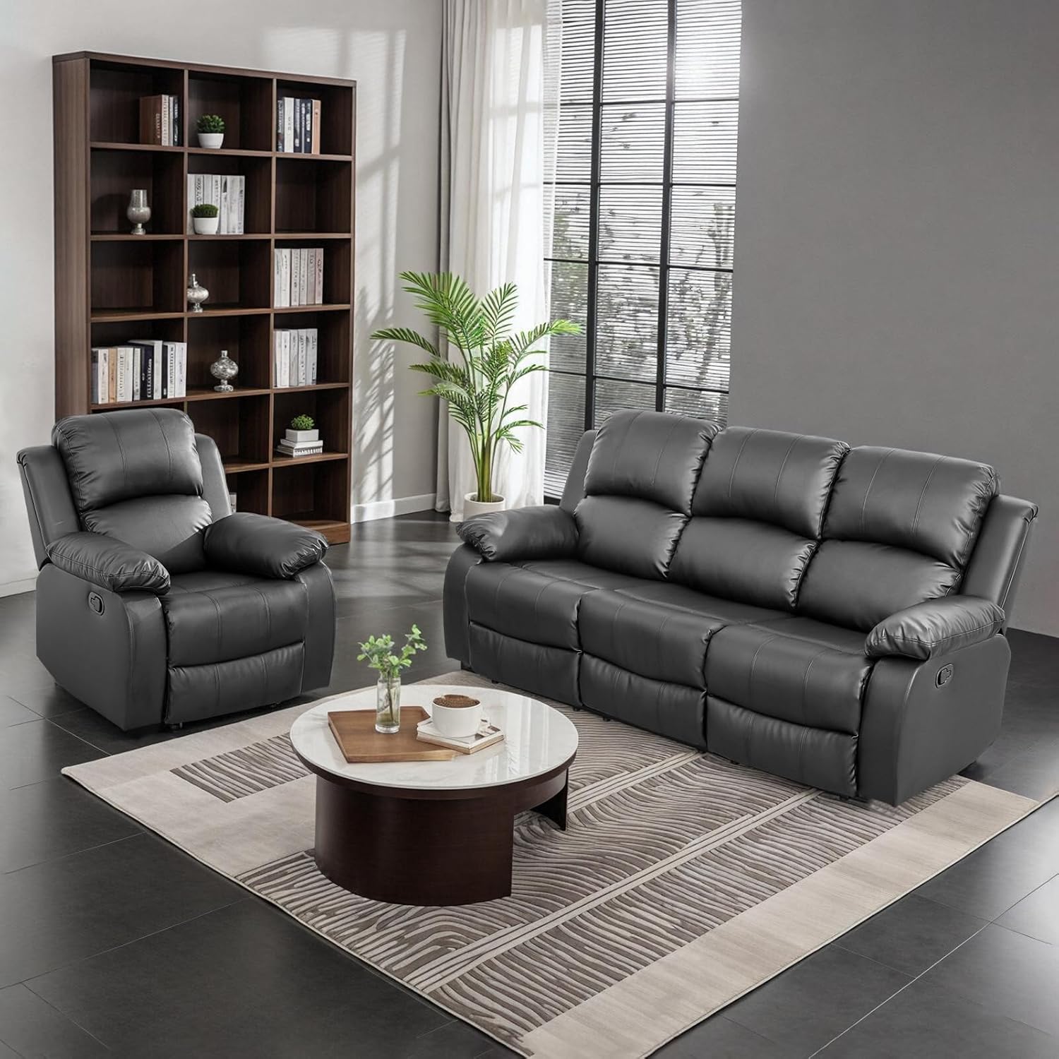 Manual Recliner Sofa Set for Living Room, Leather Reclining Sofa Sets, Faux Leather Couch Set with Cup Holders, Drop-Down Table and Storage Console(Sofa and Chair,Black)