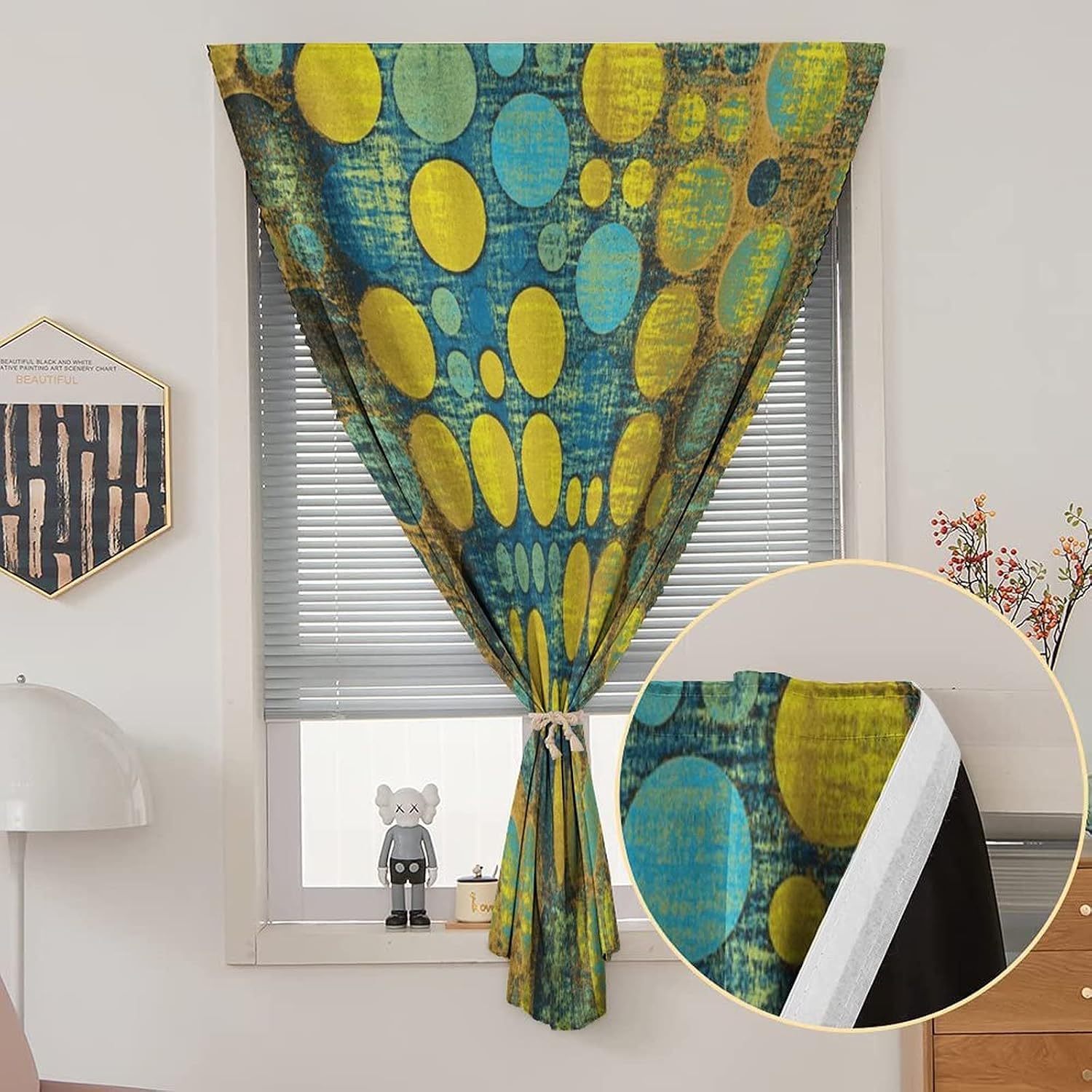 Self Adhesive Portable Blackout Curtains, Polka Dots Room Darkening Curtains, Polka Dots Pattern in 60s Style Vintage Groovy Print Temporary Blackout Blinds,47W x54L Inches,, for Bathroom Bedroom