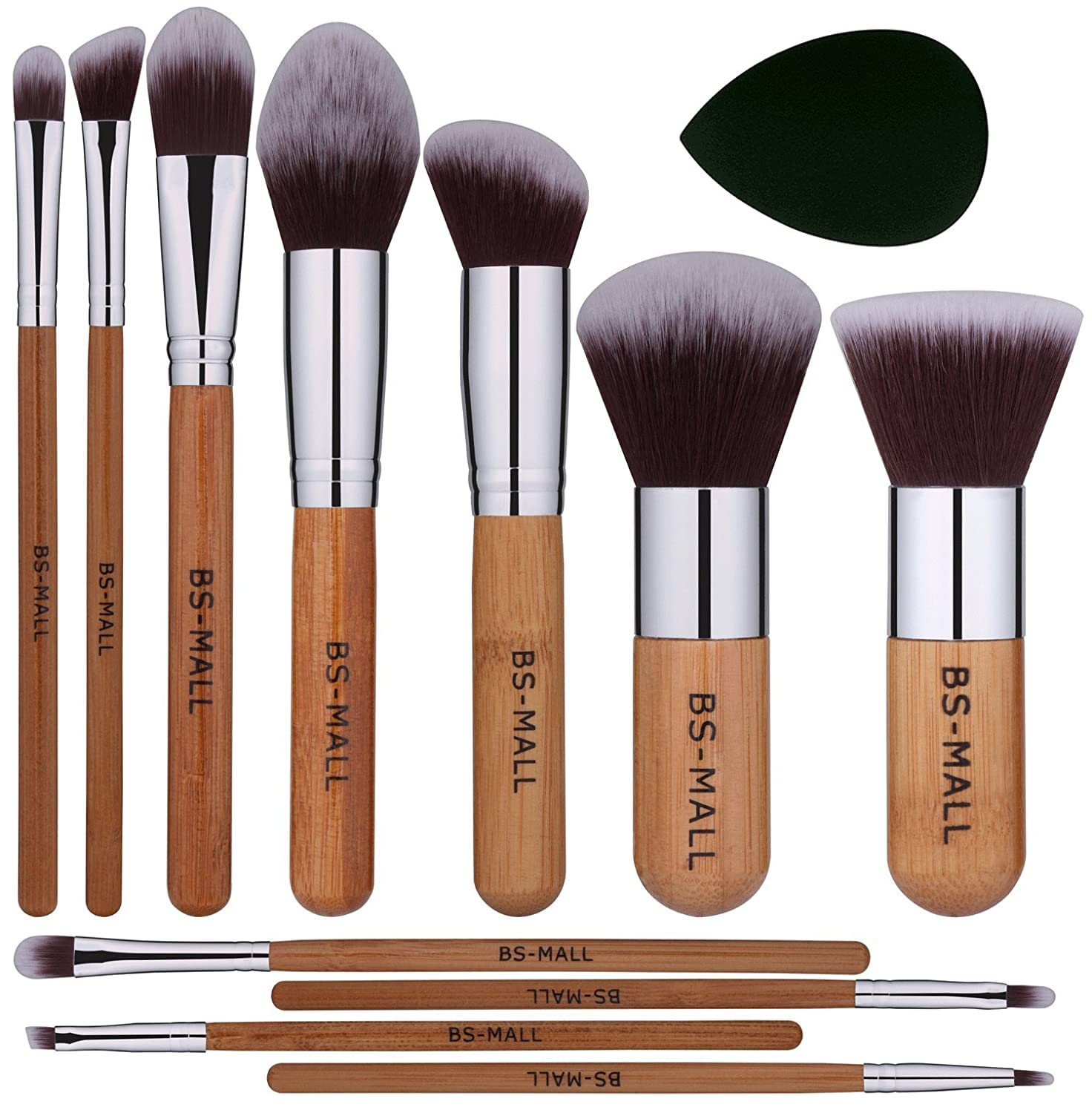 BS-MALL Makeup Brush Set 11Pcs Bamboo Synthetic Kabuki Brush Set Foundation Powder Blending Concealer Eye shadows Blush Cosmetics Brushes with Organizer Bag & Makeup Sponge… - Bamboo