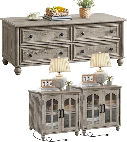 Miniatura 12 de Farmhouse - Juego de 3 mesas auxiliares y auxiliares, mesa central de madera de 48 pulgadas con 4 cajones, mesa auxiliar grande para sofá con